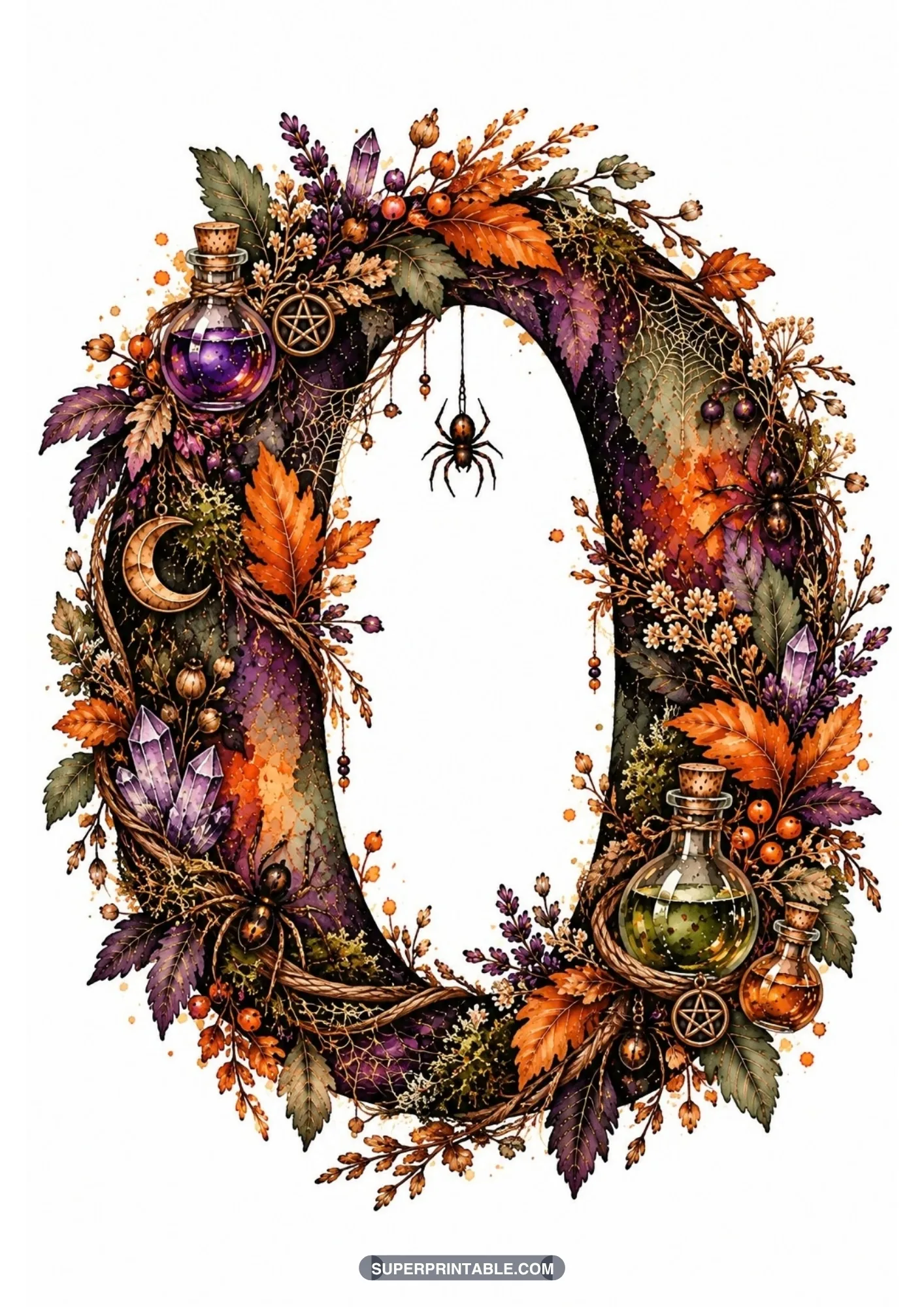 Gothic letter O wreath adorned with purple crystals, potion bottles, spiders, and autumn leaves