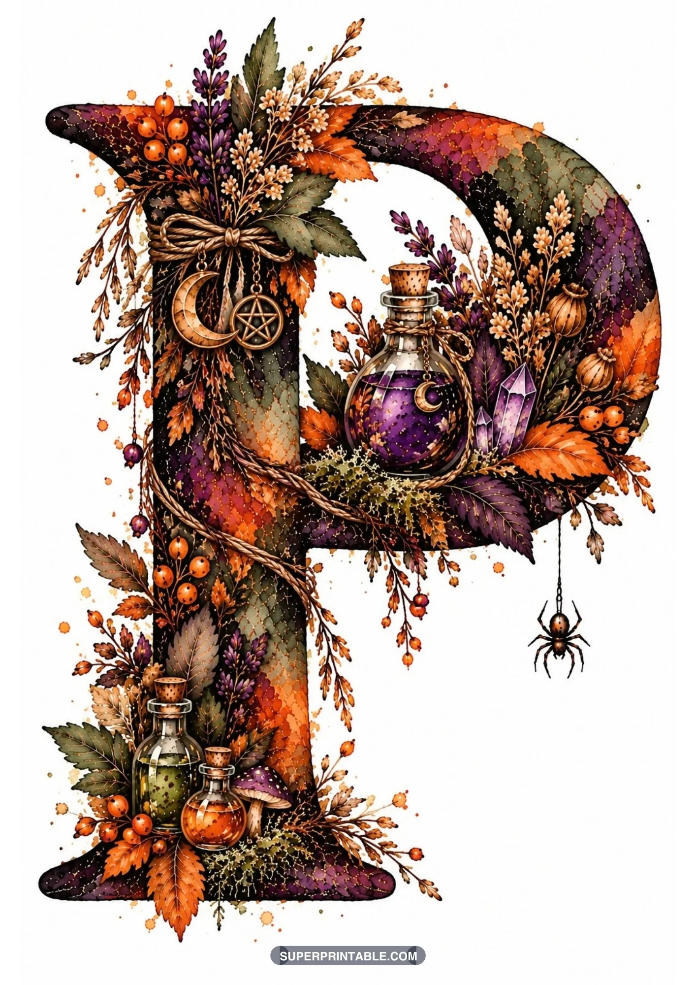 Gothic letter P decorated with celestial charms, crystal points, glass potions, and spiders