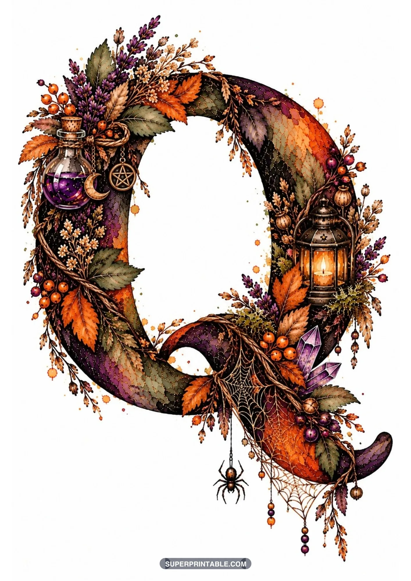 Gothic letter Q featuring an antique glowing lantern, spiderweb, crystal cluster, and potions