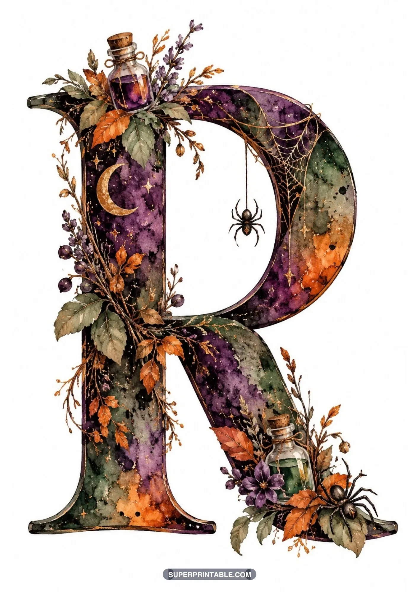 Gothic capital letter R adorned with hanging spiders, potion vials, cobwebs, and fall leaves