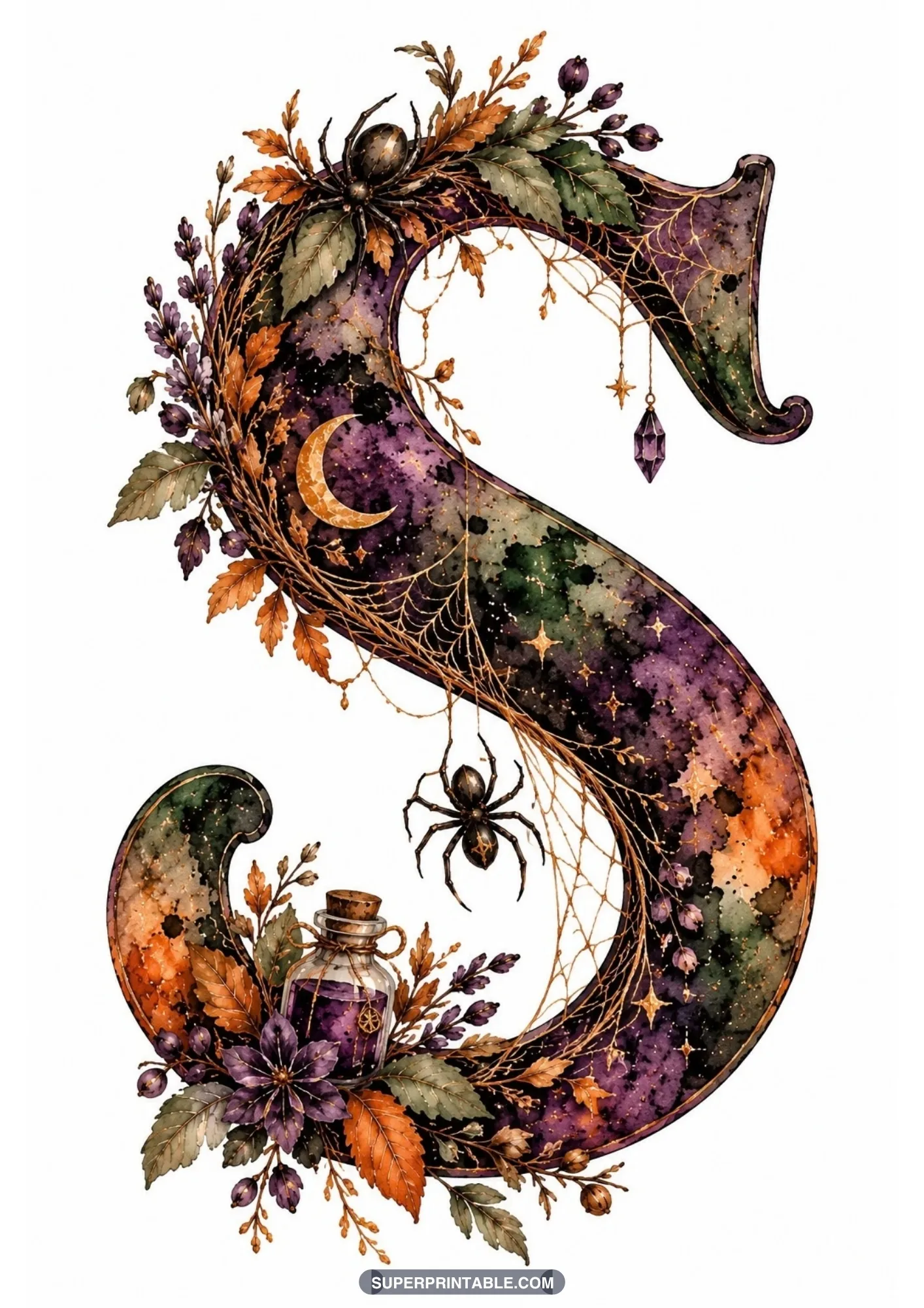 Gothic letter S featuring hanging spiders, spiderwebs, a crescent moon, and potion bottles