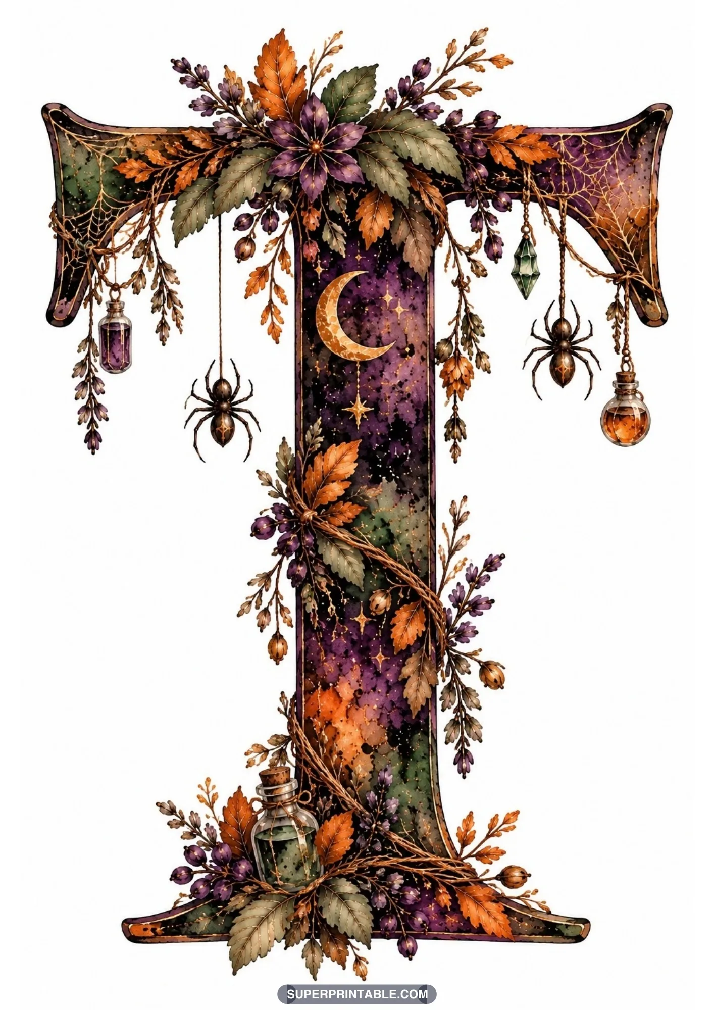 Gothic letter T with hanging potion bottles, faceted crystal jewels, spiders, and foliage