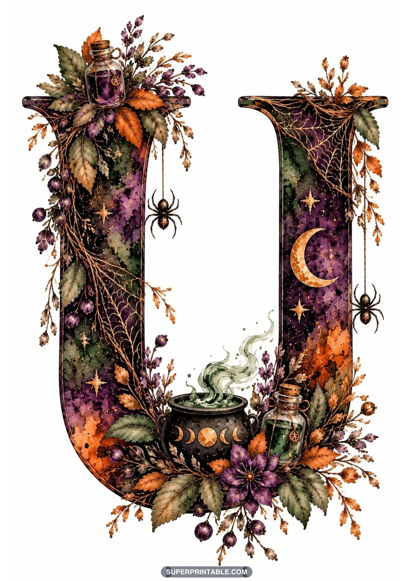 Gothic letter U cradling a bubbling witch cauldron, green smoke, potion bottle, and spiders