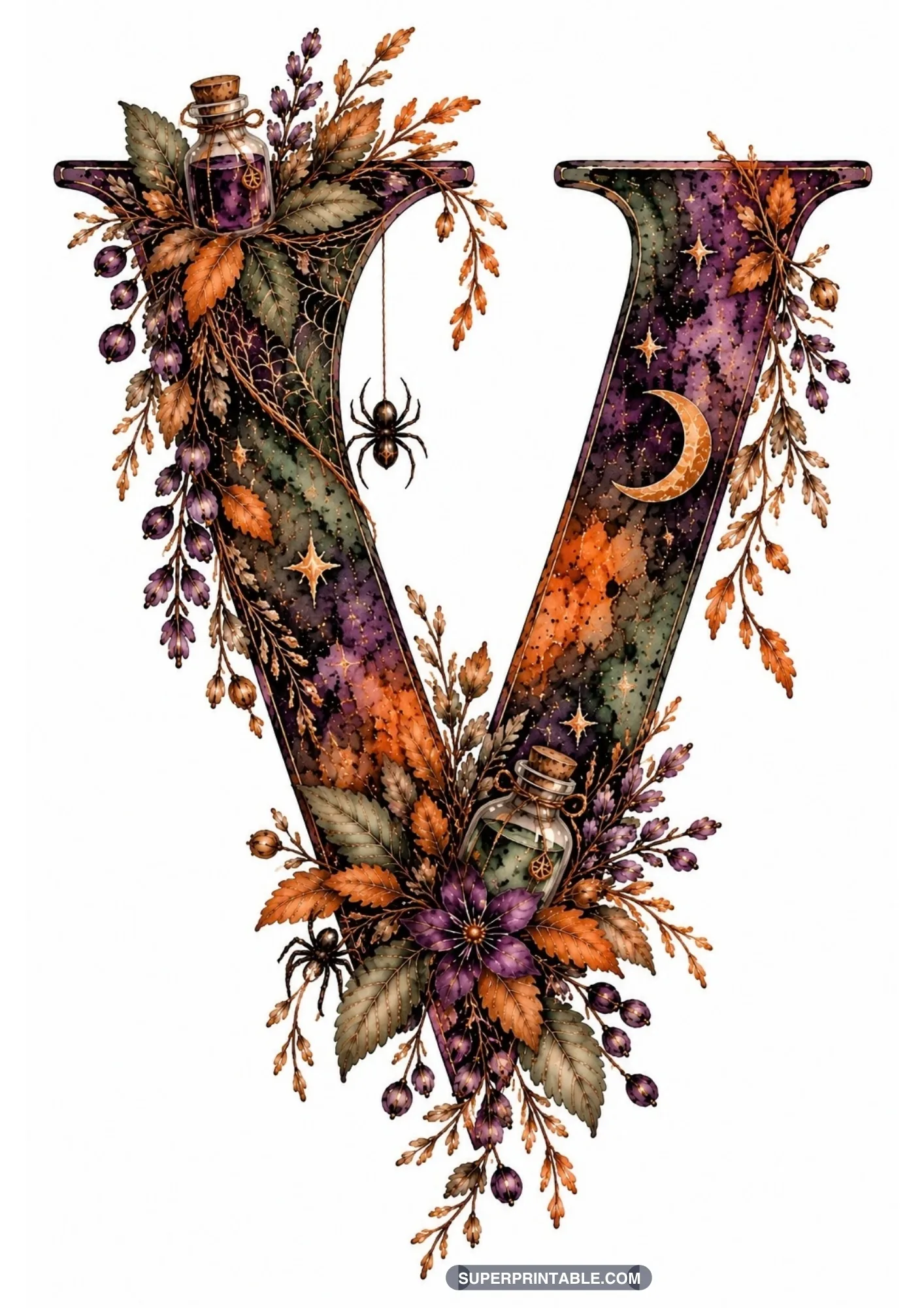 Gothic letter V adorned with dangling spiders, glass potions, purple blossom, and foliage