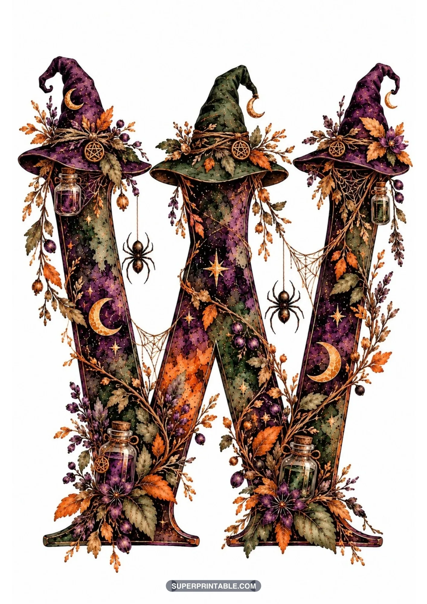 Gothic letter W featuring three peaked witch hats, suspended spiders, and potion bottles