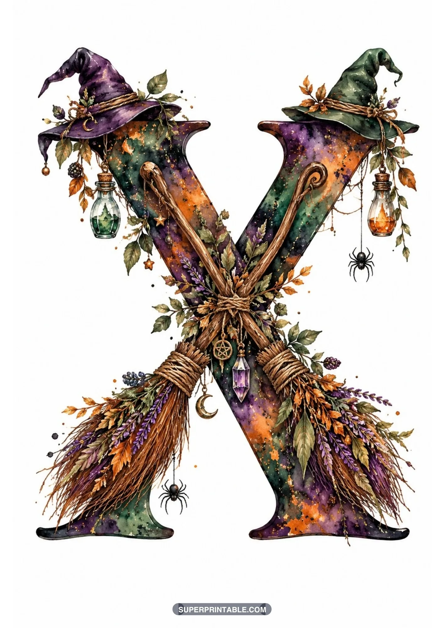 Gothic letter X with crossed witch broomsticks, pointed hats, crystal charm, and potions