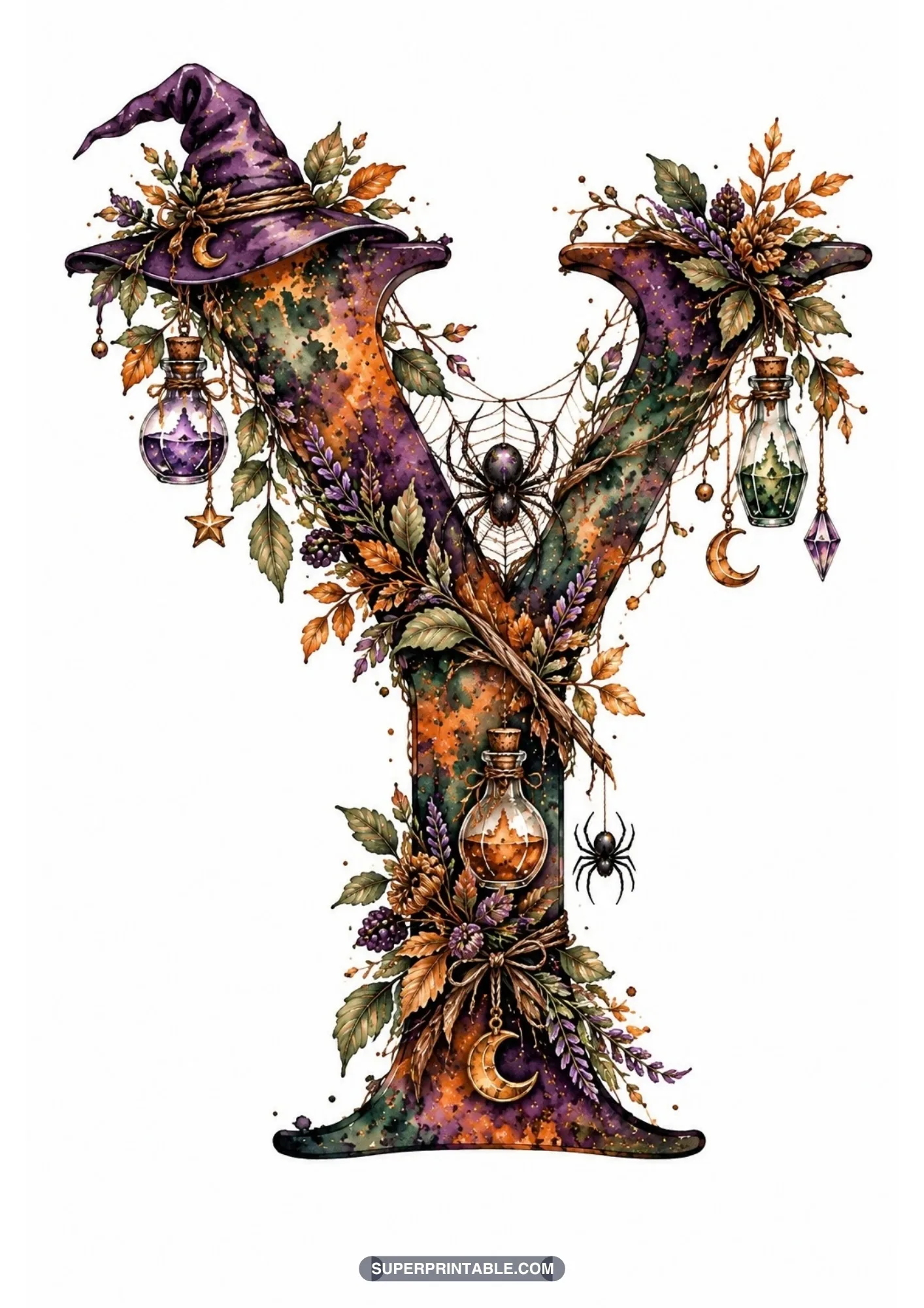 Gothic letter Y topped with a witch hat, spider on a web, crystals, and potion bottles