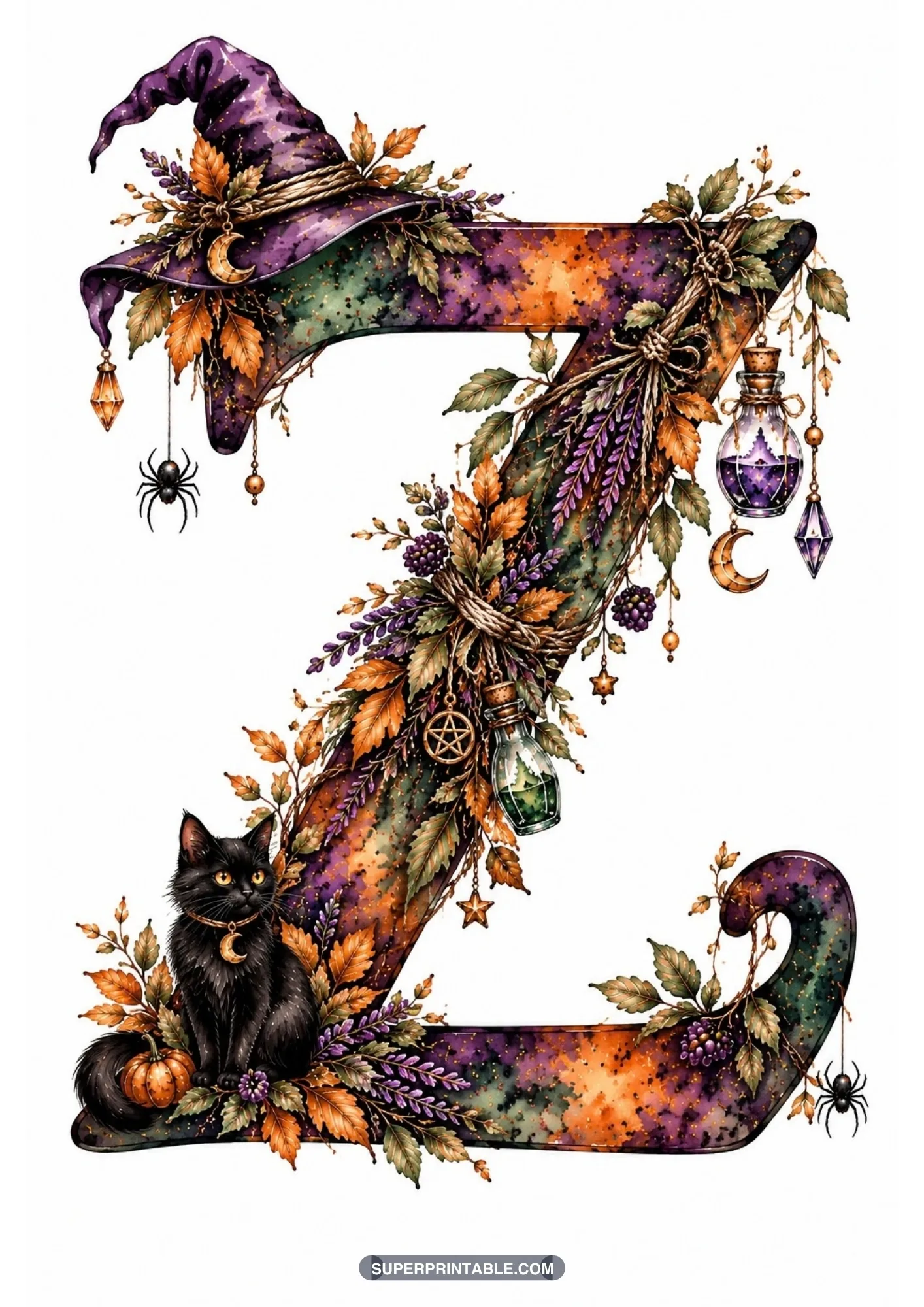 Gothic letter Z with witch hat, broomstick, cute black cat, pumpkin, and potion vials