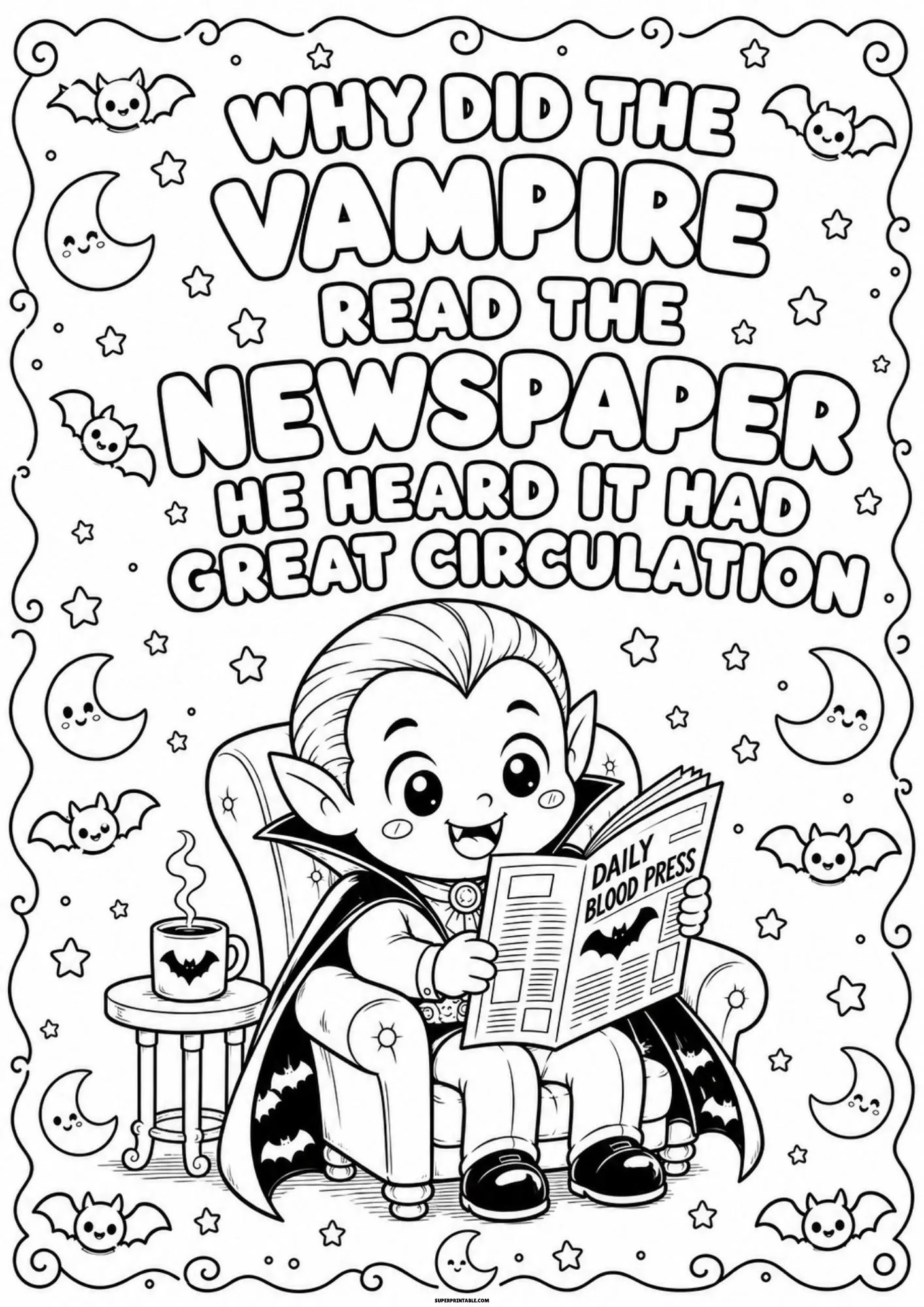 Little vampire sitting in an armchair reading the Daily Blood Press paper.