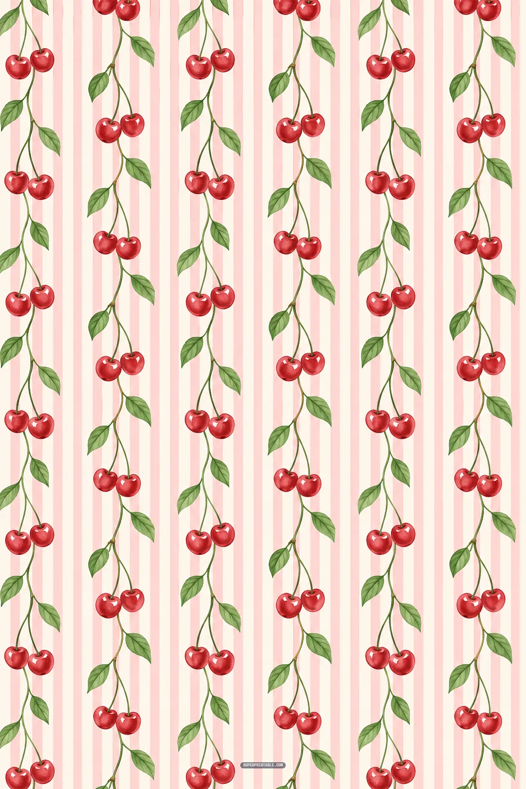 Vertical botanical cherry vines with green leaves climbing across soft pink and cream striped background