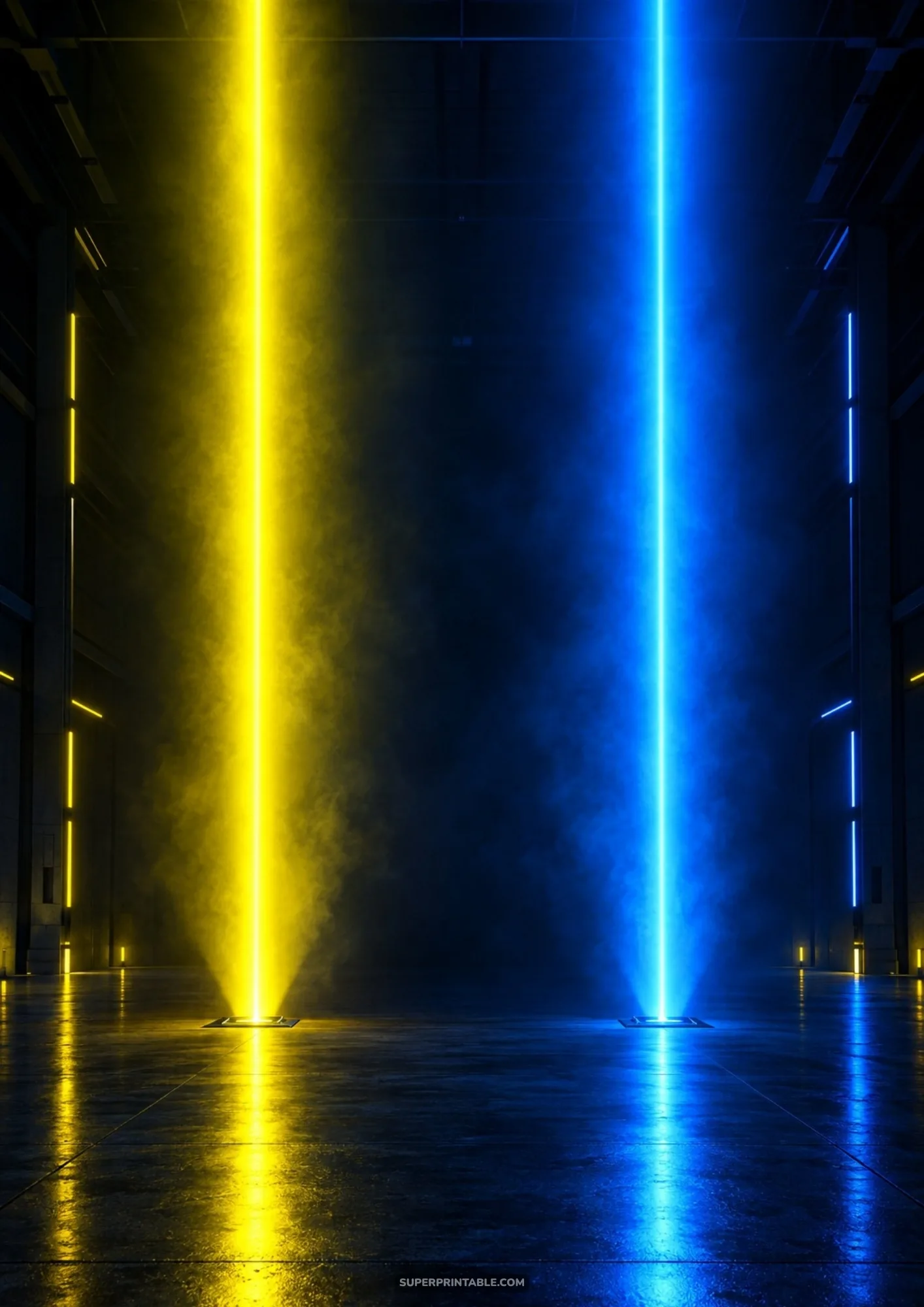 Vertical yellow and blue neon light pillars glowing through atmospheric mist in a dark industrial hall