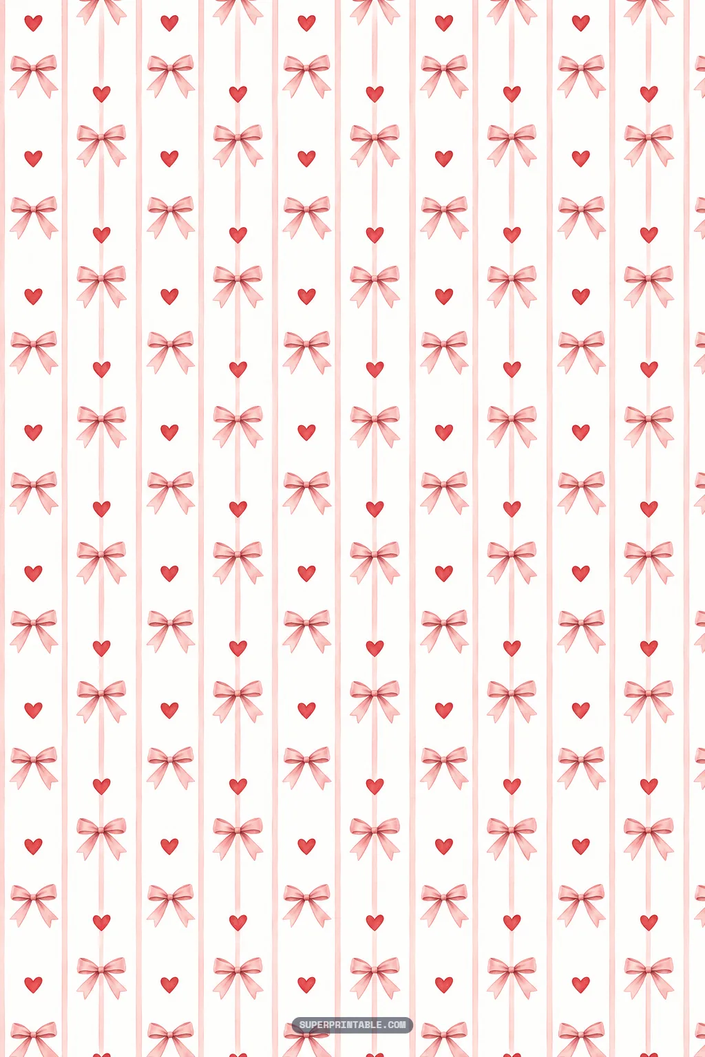 Clean vertical pink ribbon pinstripes decorated with tied satin bows and tiny red hearts