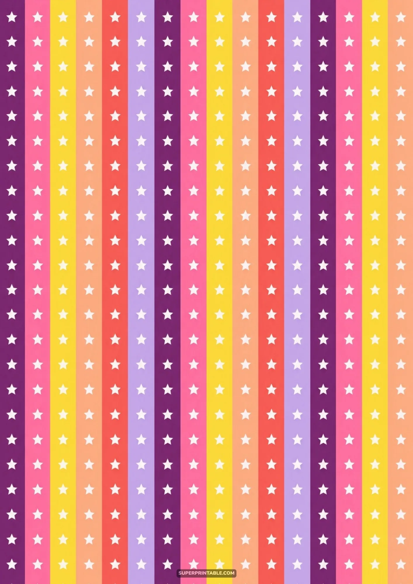 Vertical stripes in purple, pink, yellow, and coral adorned with neat vertical columns of white stars.
