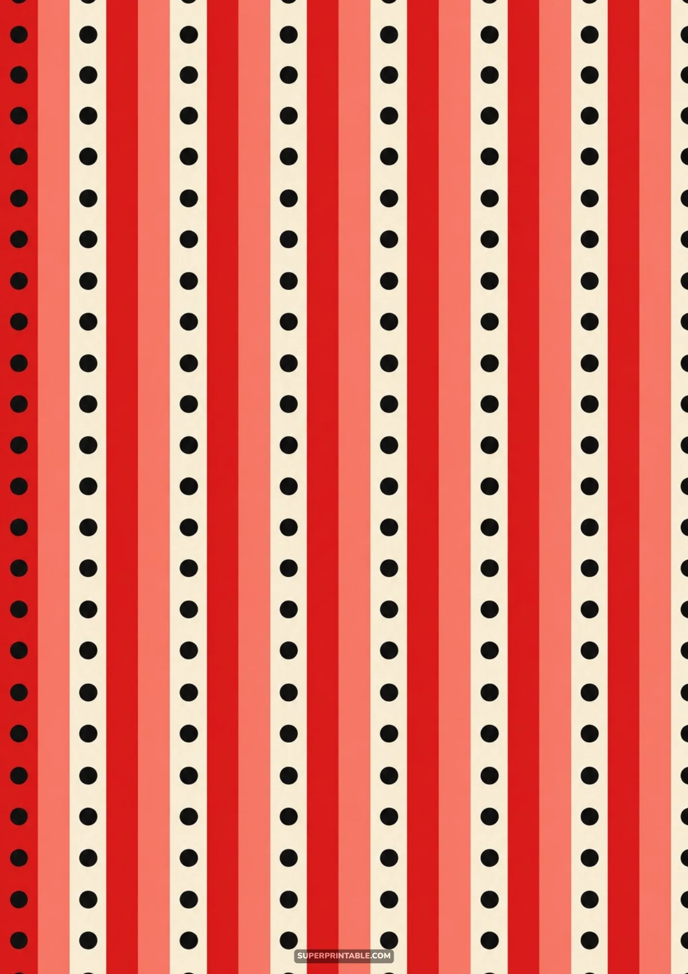 Classic vertical stripes in red, coral, and cream with charming black polka dots running down cream bars.
