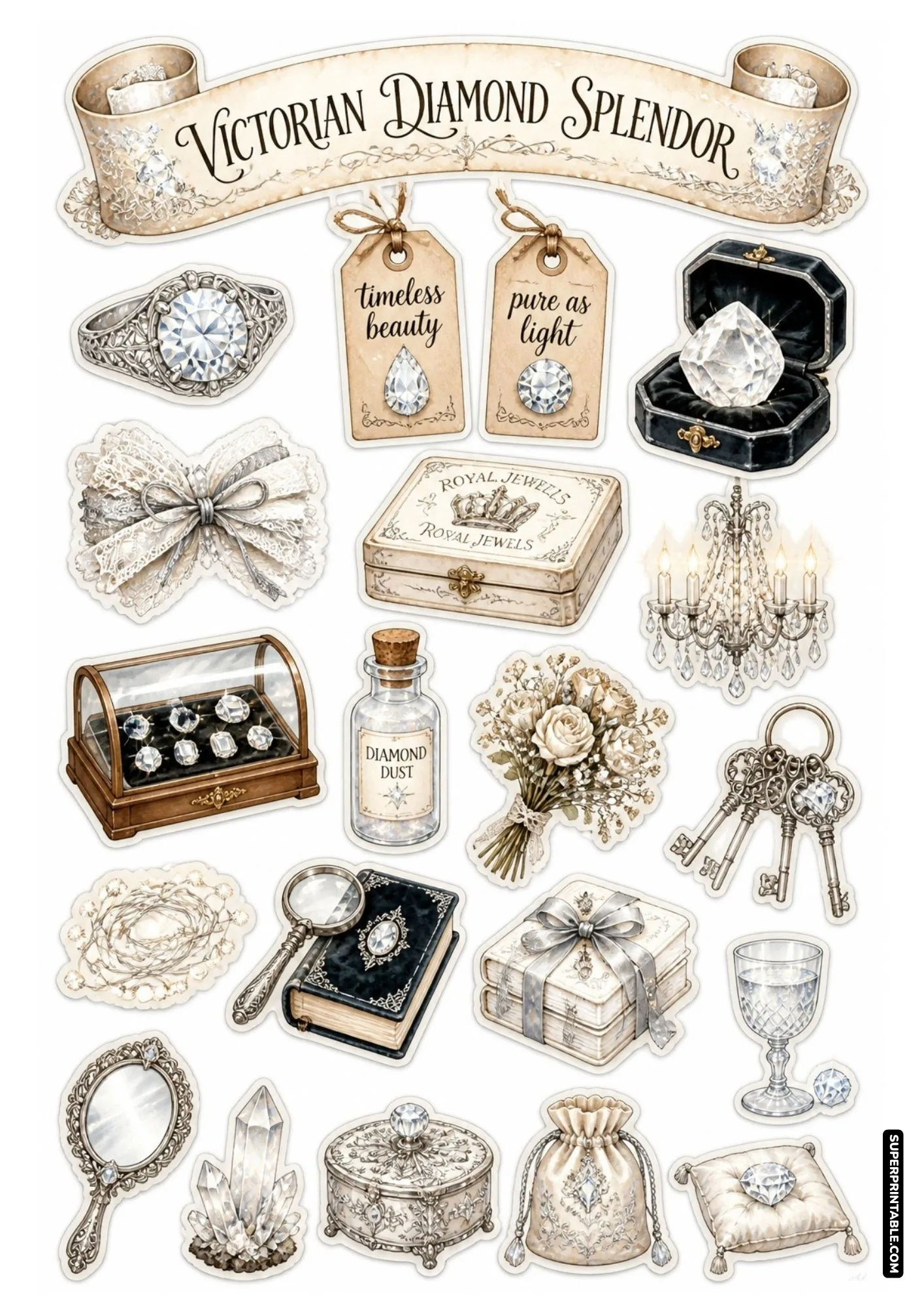 Sparkling clear diamond gem, velvet ring box, glass chandelier, and silver accessories sticker sheet.