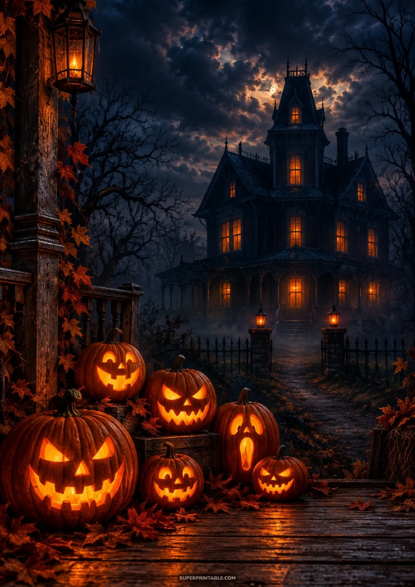 Carved glowing jack-o'-lanterns gathered on a wooden porch in front of an illuminated Victorian haunted house