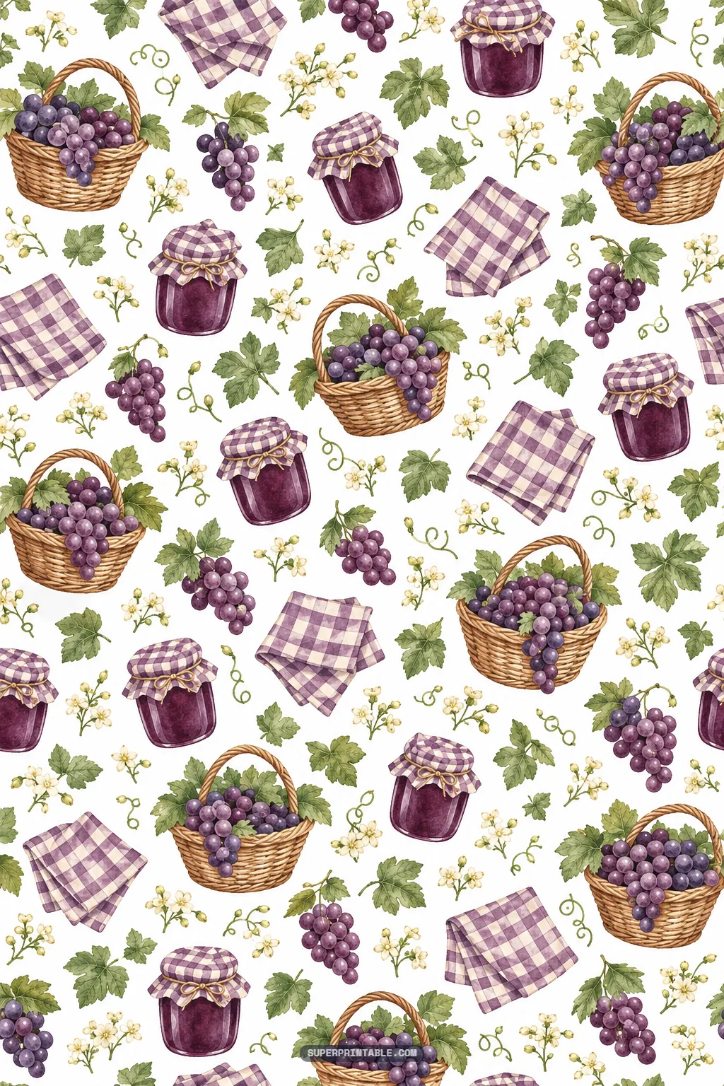 Wicker harvest baskets of grapes, homemade jam jars with gingham lids, and picnic napkins.