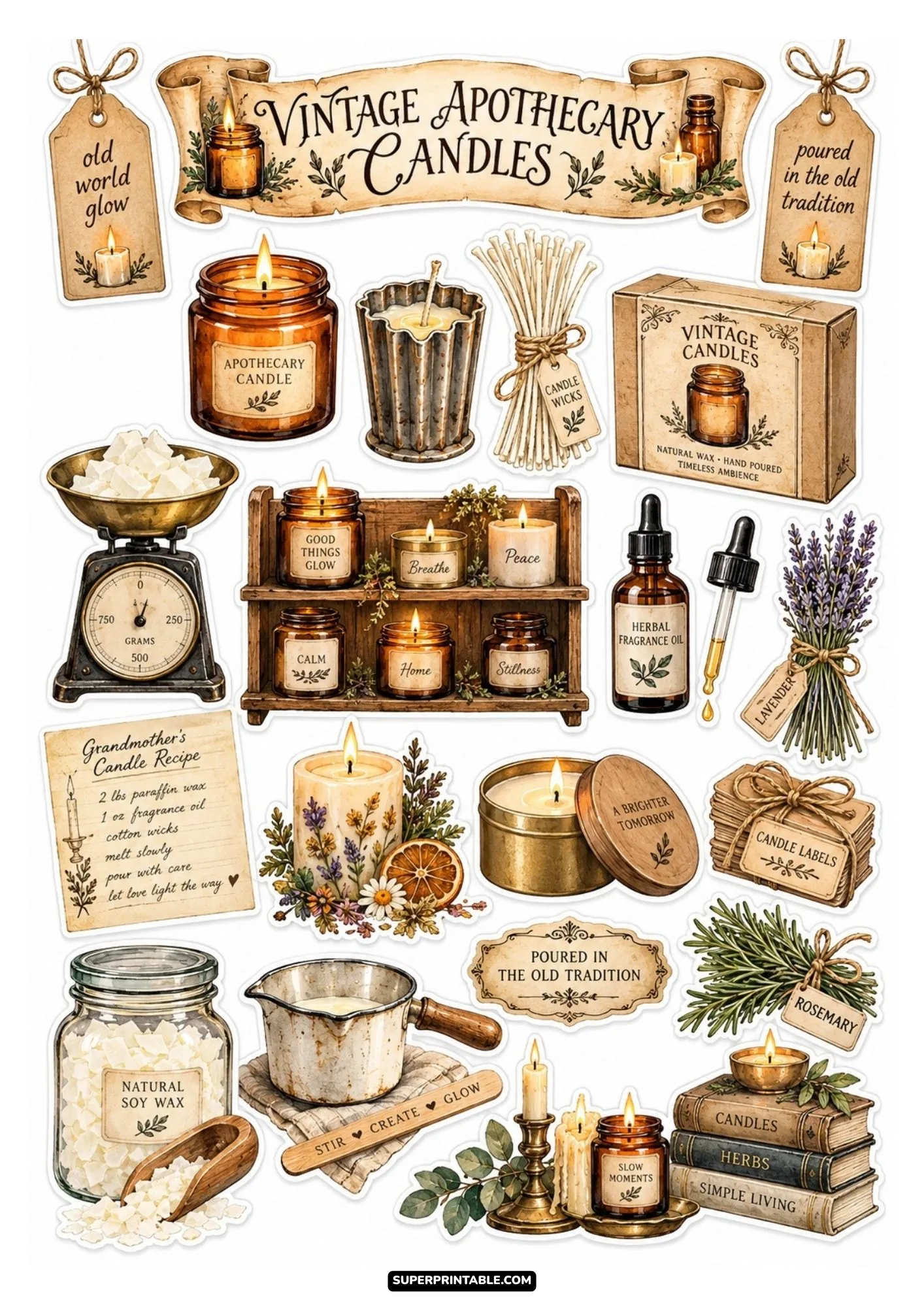 Vintage apothecary candle sticker sheet featuring amber glass jars, herbal fragrance oil bottles, and old world decor.