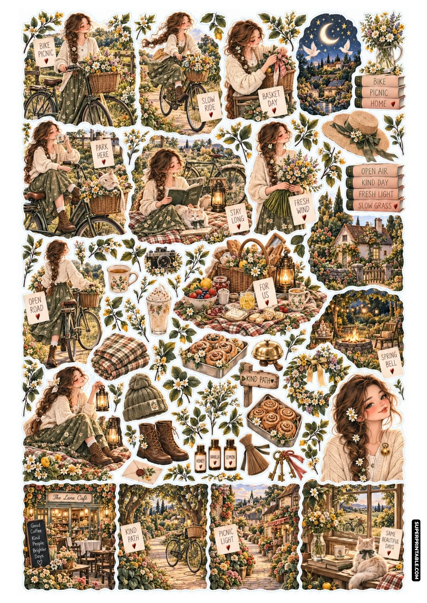 Country lane sticker sheet with vintage bicycle, flower baskets, campfire, and café shopfront.