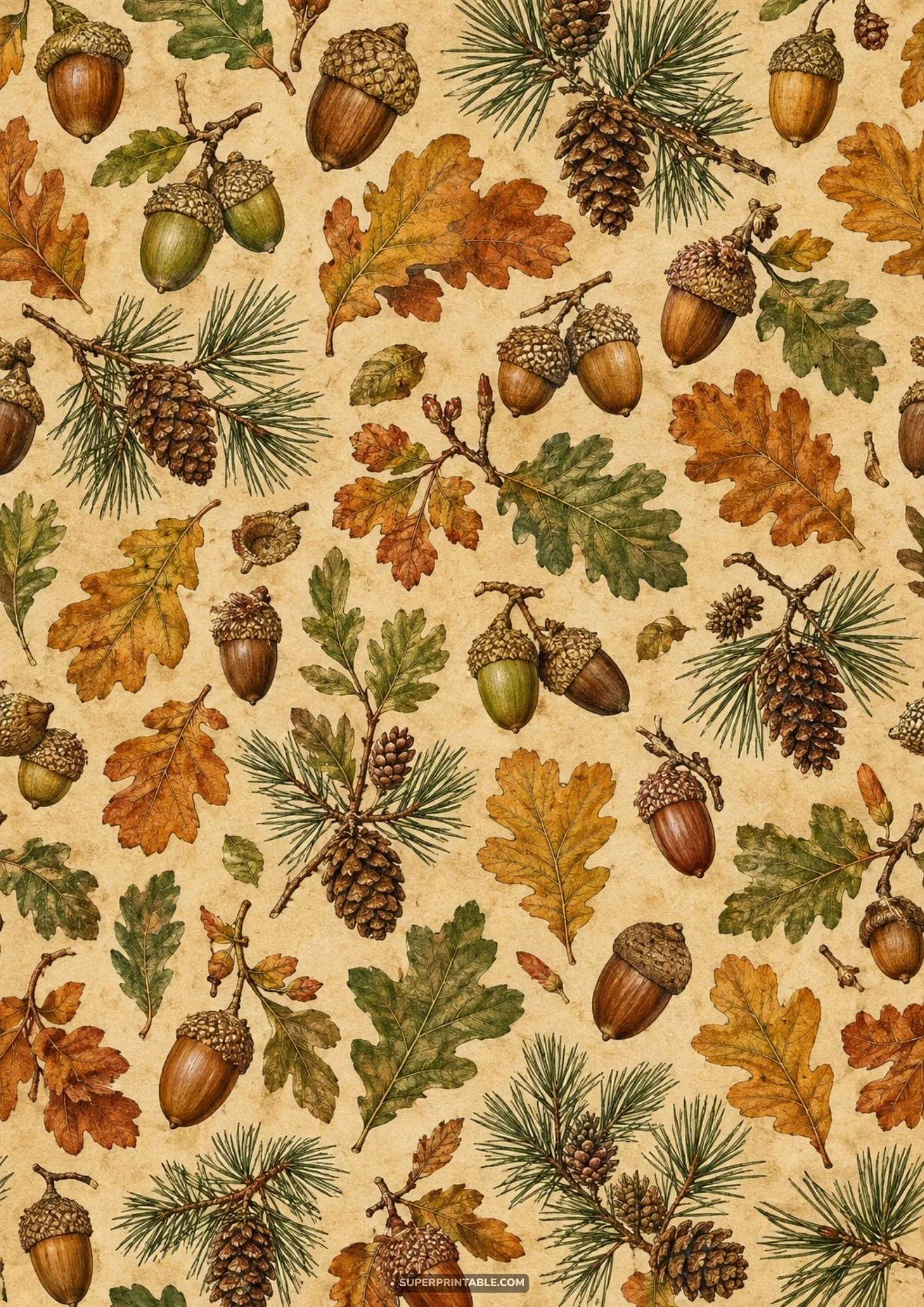 Botanical illustration pattern with acorns, oak leaves, and pine cones on aged parchment paper background.