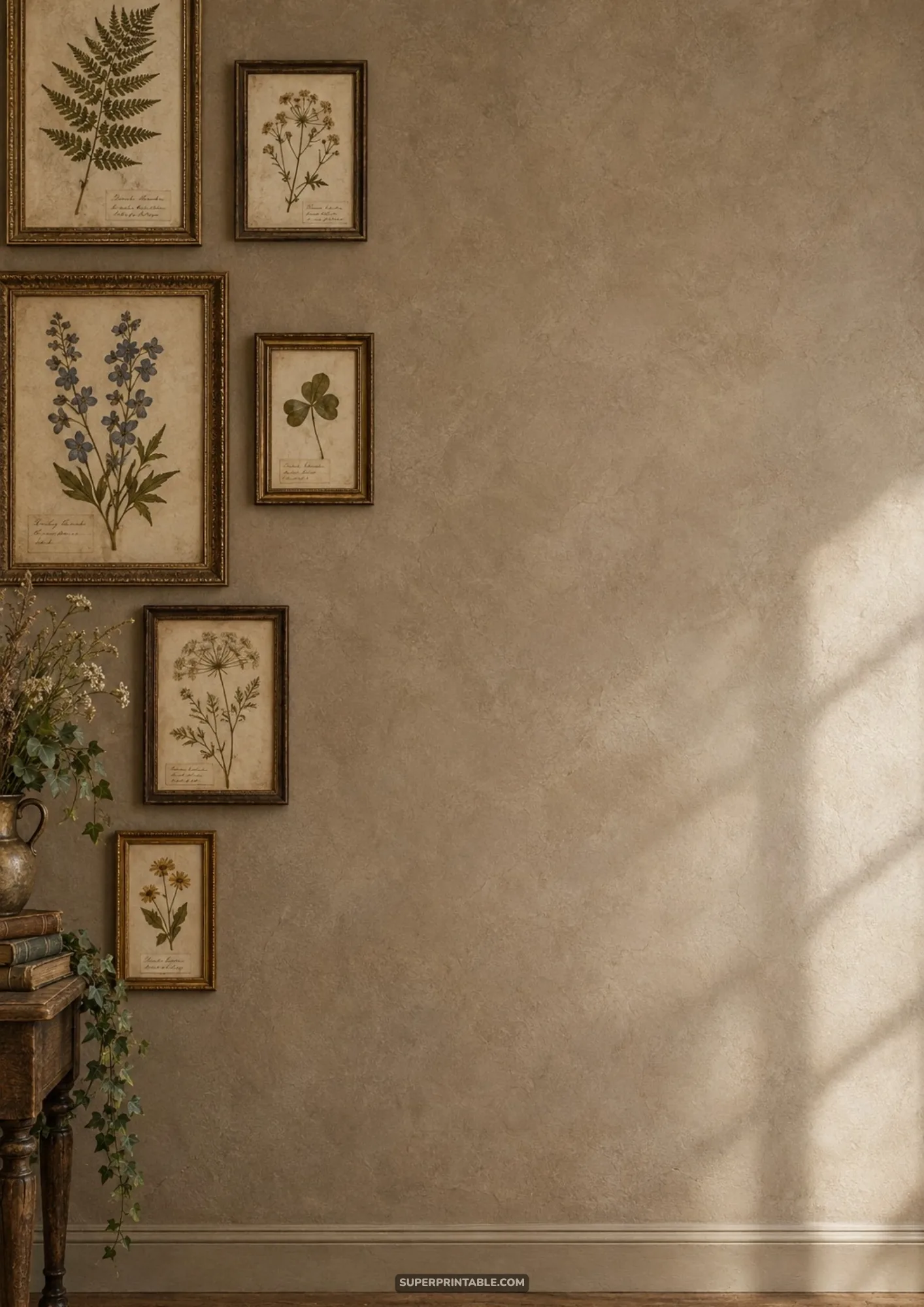 Framed antique herbarium botanical prints on a textured warm plaster wall beside a vintage table