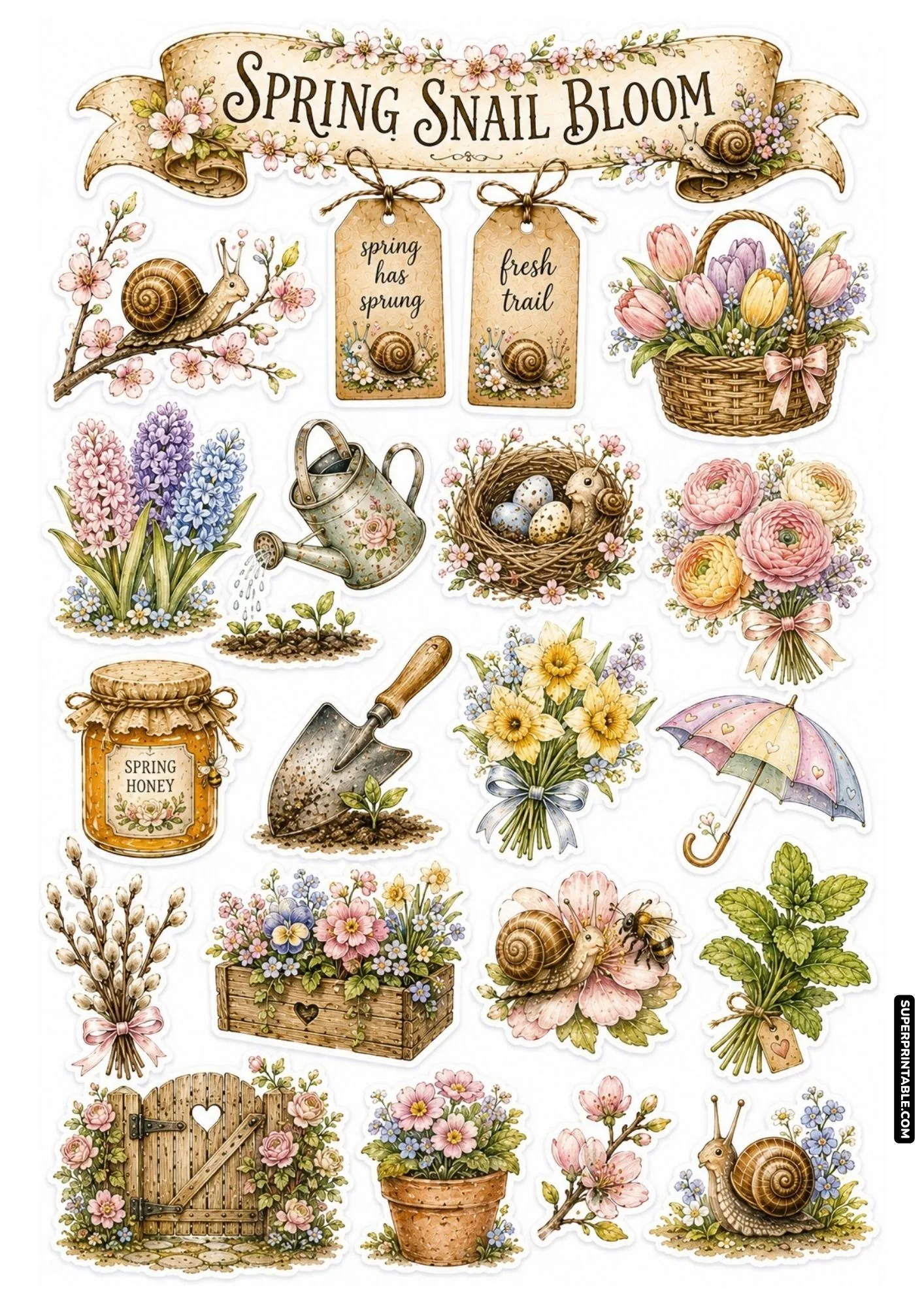 Vintage botanical sticker sheet with pressed fern jars, magnifying glass, lavender, and old postcards.