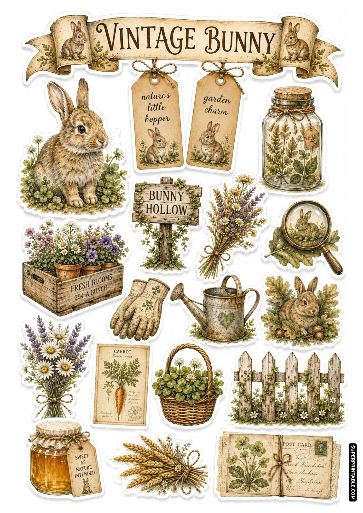Vintage botanical bunny sticker sheet showing realistic rabbits, botanical prints, and rustic jars.