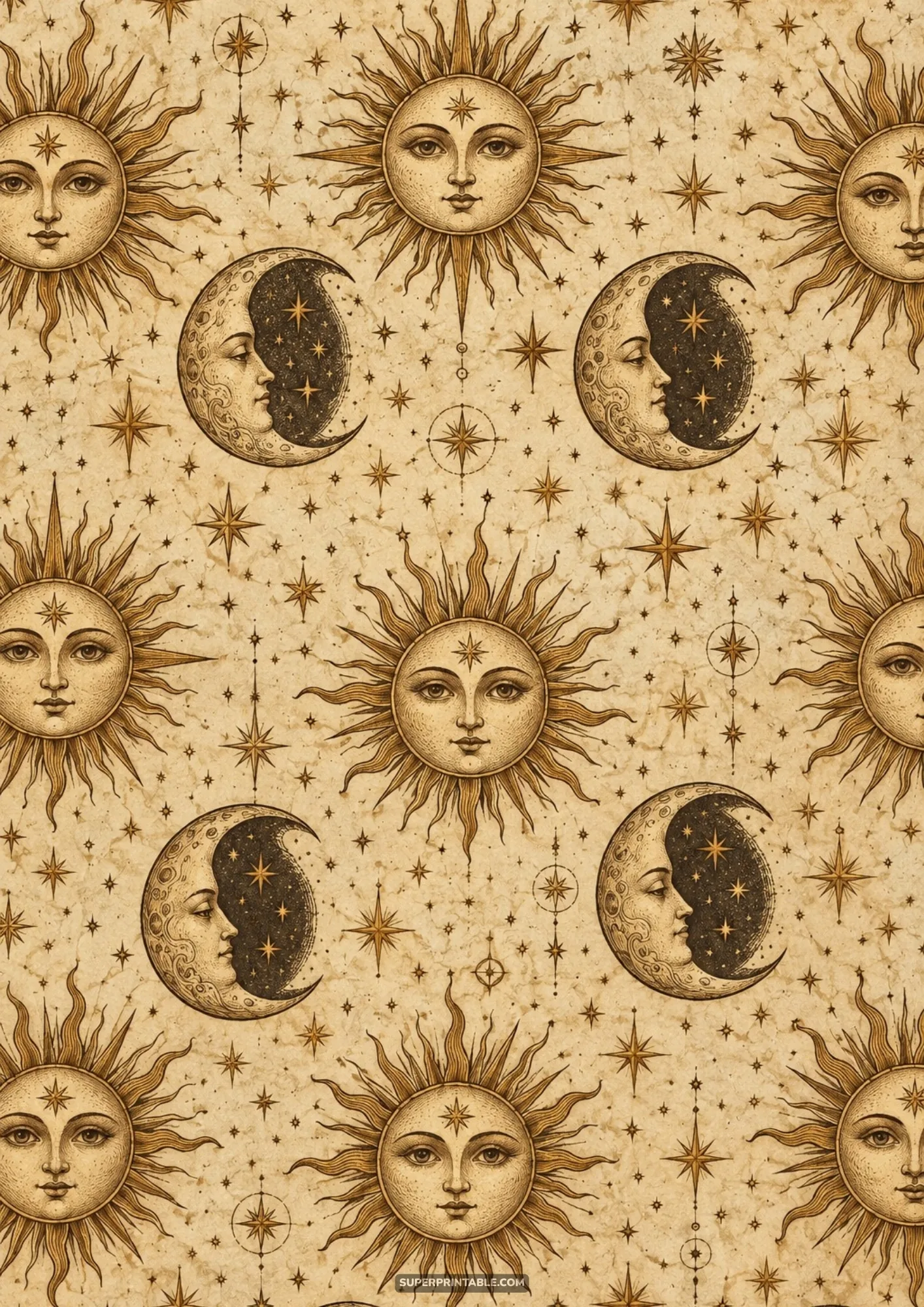 Engraved vintage sunbursts and crescent moon faces patterned across textured antique parchment paper