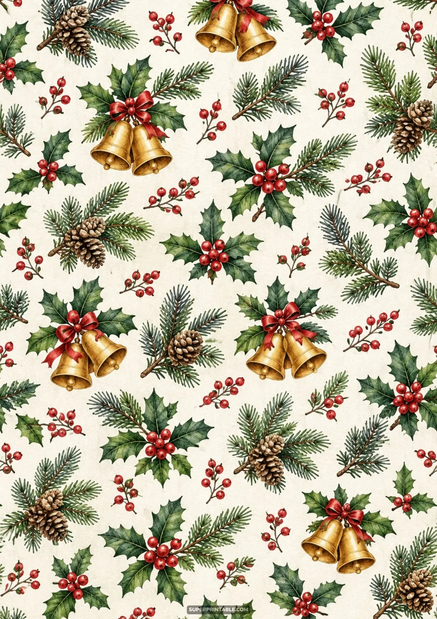Vintage Christmas pattern of golden bells with red bows, holly, and pinecones
