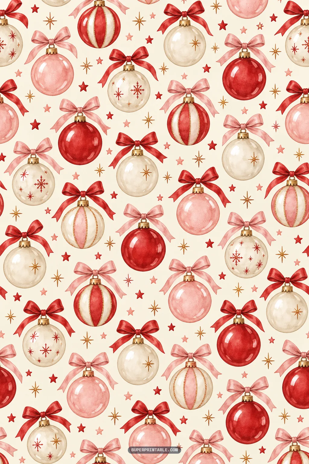 Elegant Christmas tree baubles in red and soft blush pink tied with satin bows among sparkling gold stars