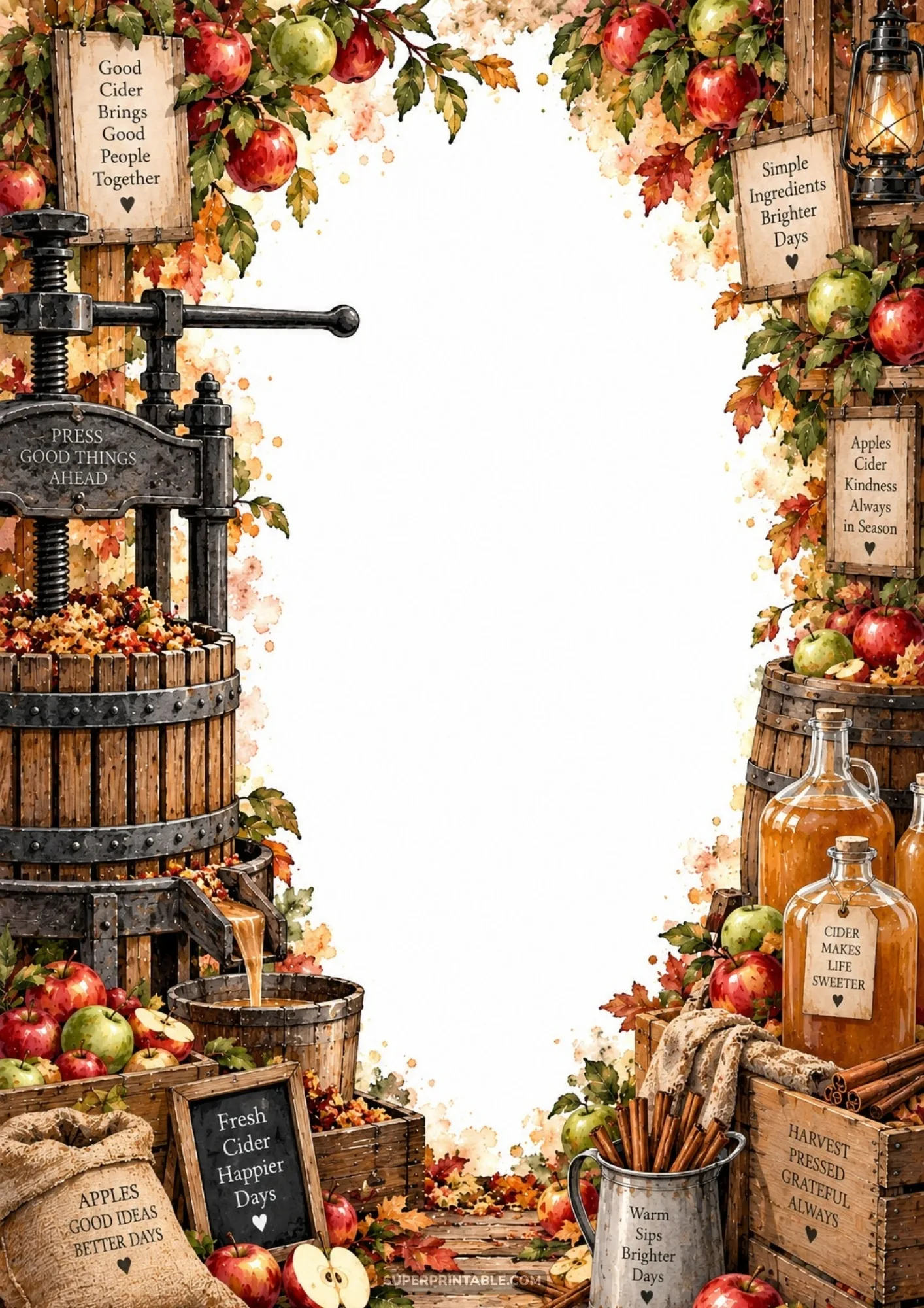 Vintage cider press with fresh pressed cider jugs, cinnamon sticks, and orchard apples around page border