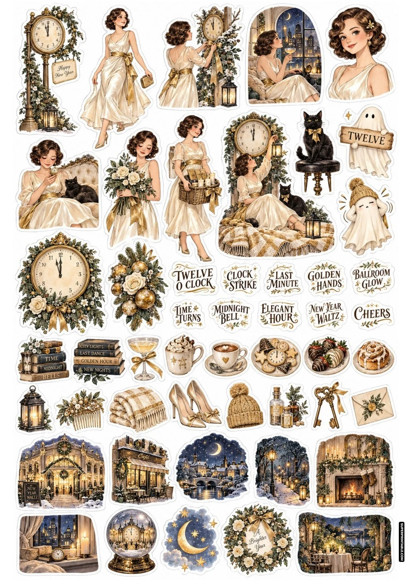 Vintage clock tower sticker sheet showing an antique timepiece striking twelve with champagne toasts