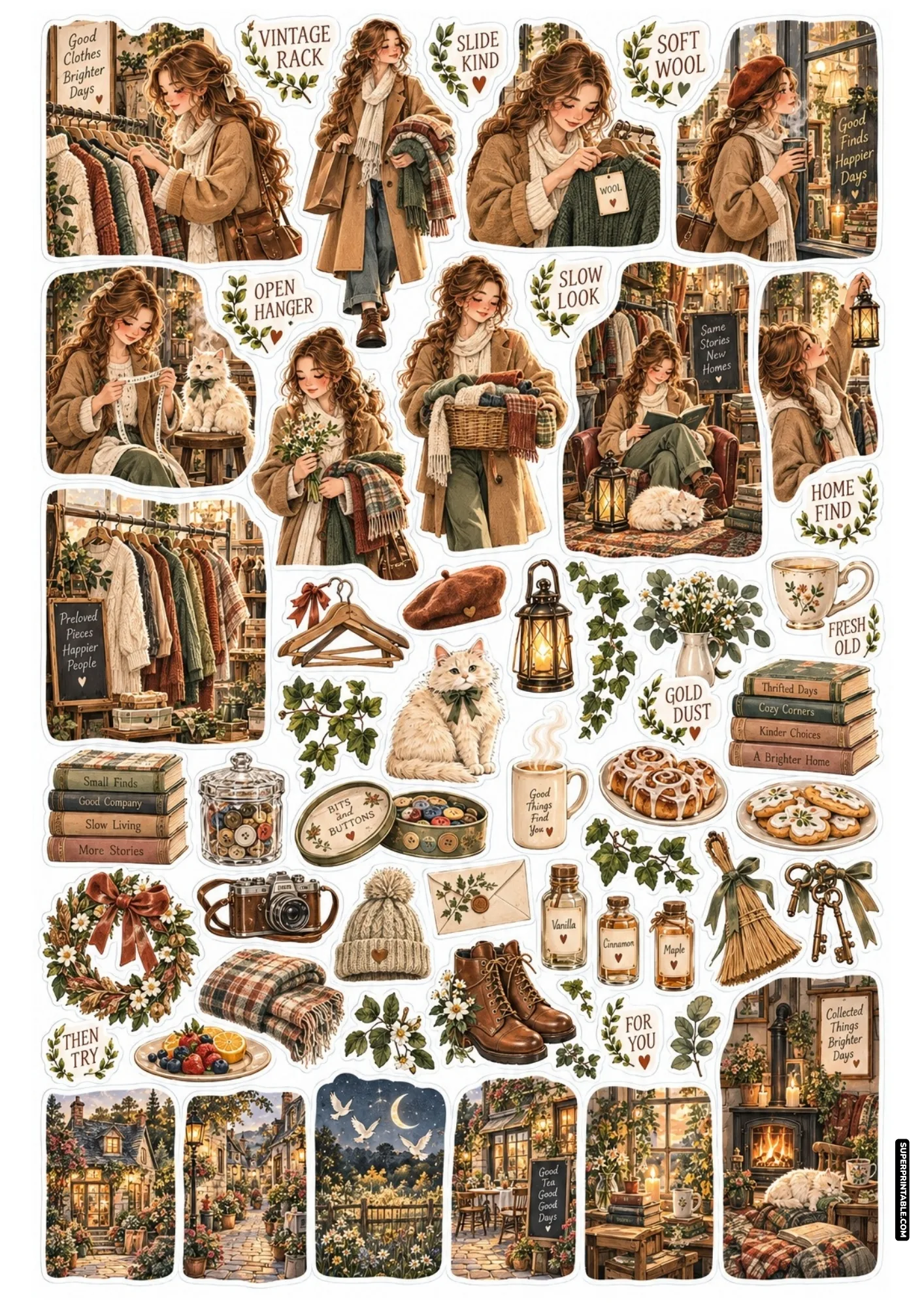 Printable thrift shop sticker sheets with a girl browsing vintage wool coats, sweater racks, and cozy reading nooks.