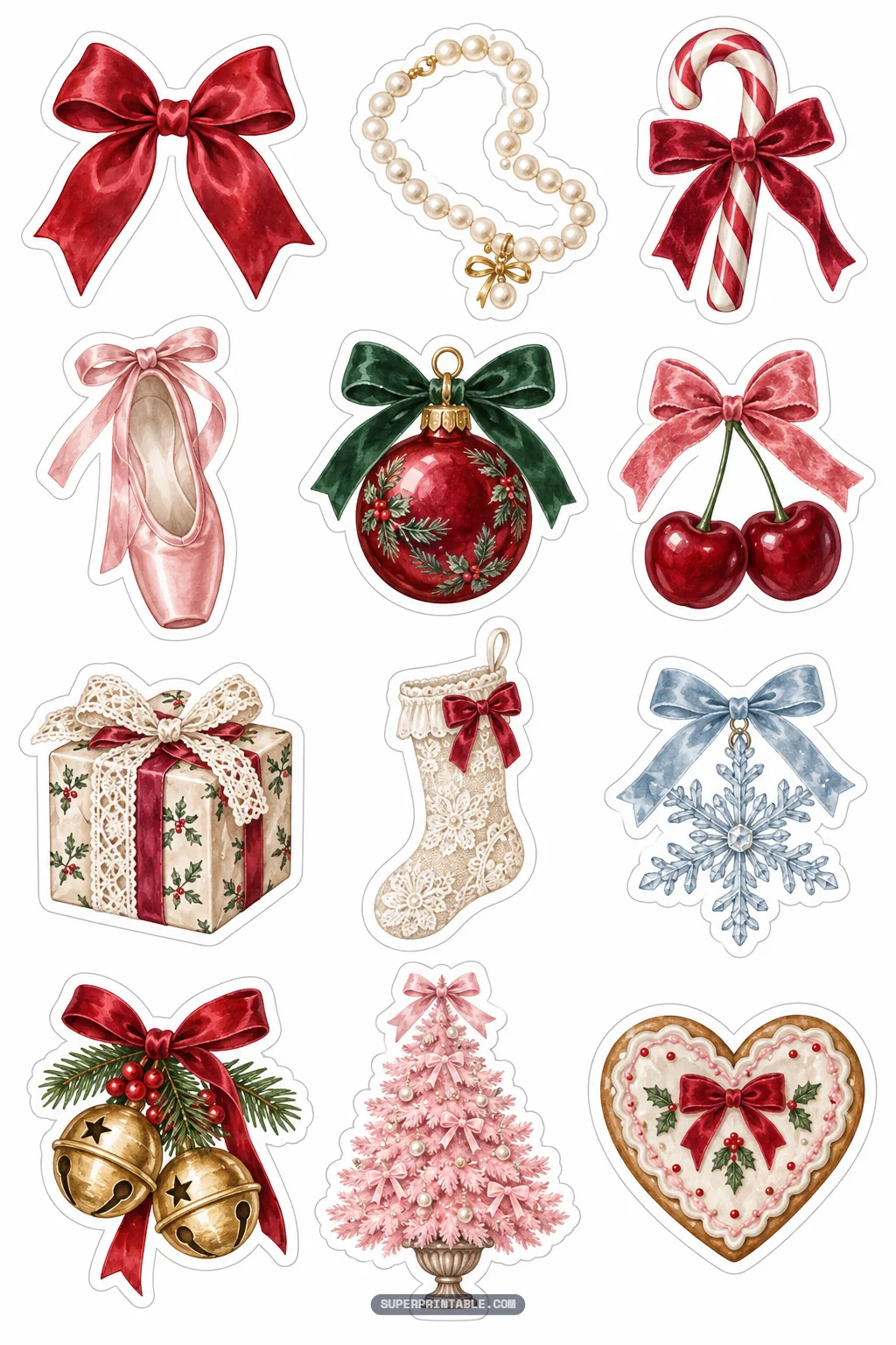 Vintage coquette holiday stickers with velvet bows pink ballet slipper pearl necklace and lace accents