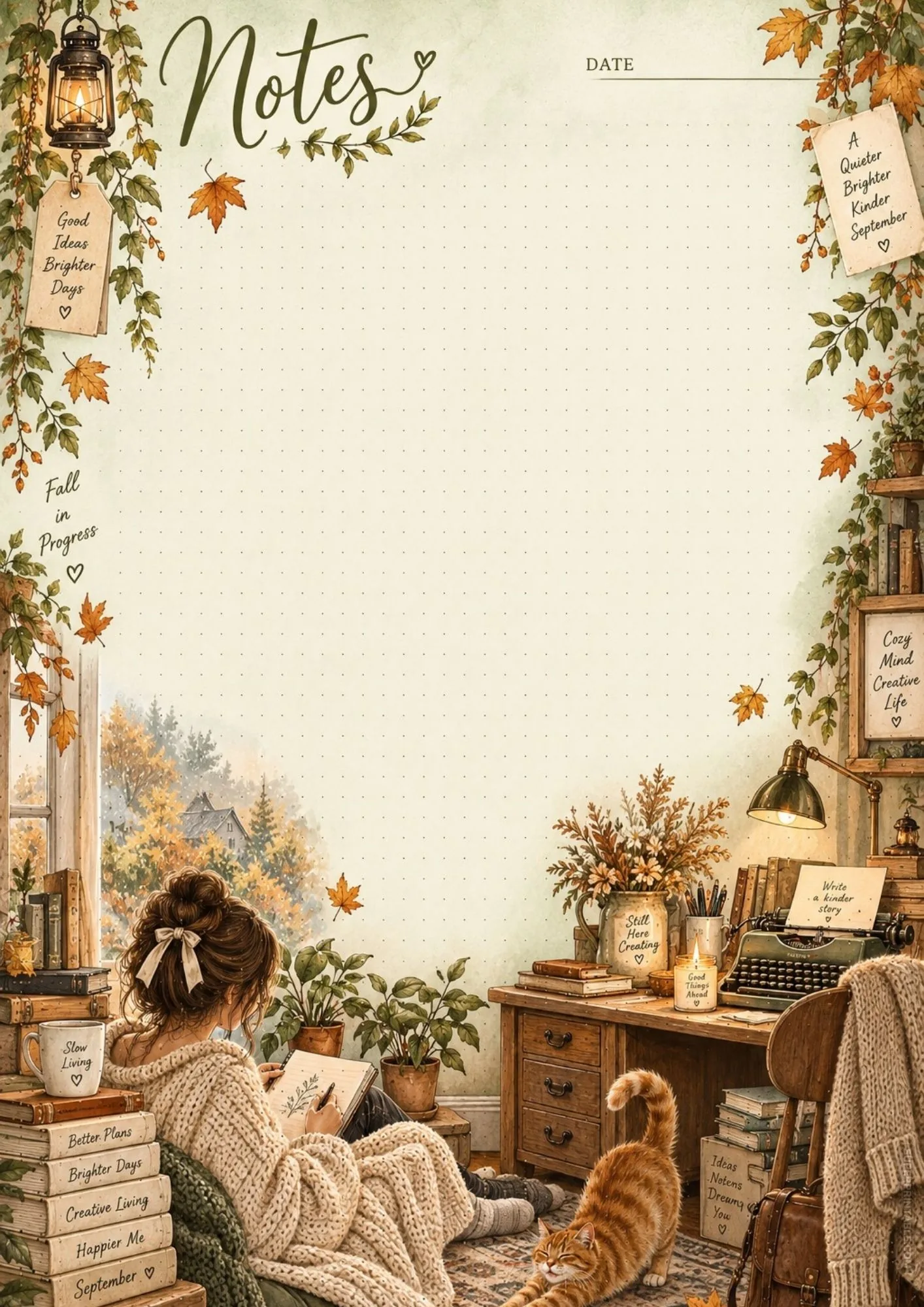 Cozy indoor study note page featuring a ginger cat stretching on a rug beside a vintage desk.