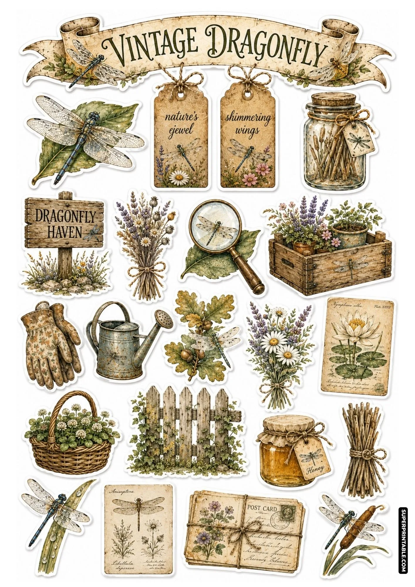 Antique botanical dragonfly sticker sheet with vintage field guide sketches, magnifying glass, and parchment tags.