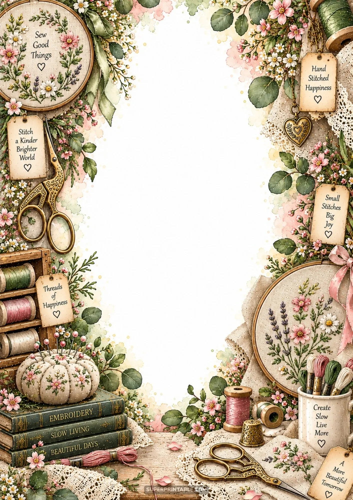 Printable vintage sewing border displaying floral embroidery hoops, pastel floss skeins, and antique needlework books.