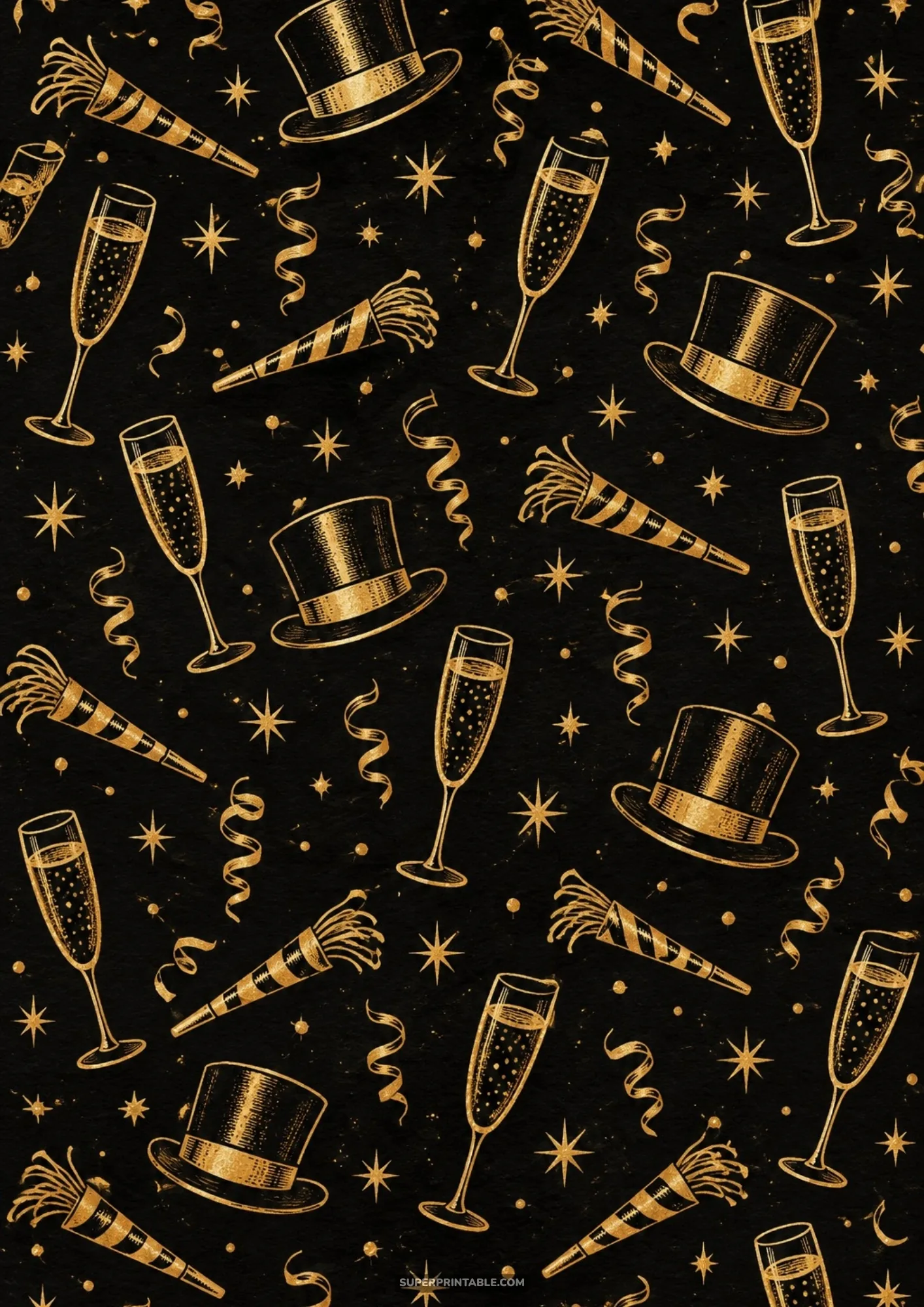 Vintage engraved golden champagne flutes and top hats on black textured paper