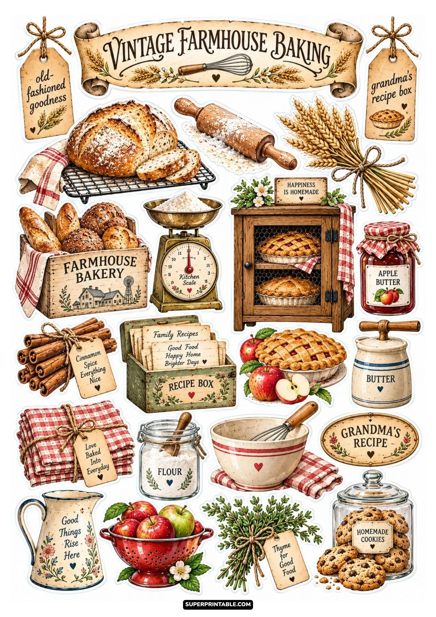 Vintage farmhouse baking sticker sheet with rustic bread loaves, wooden pie safes, and family recipe boxes.