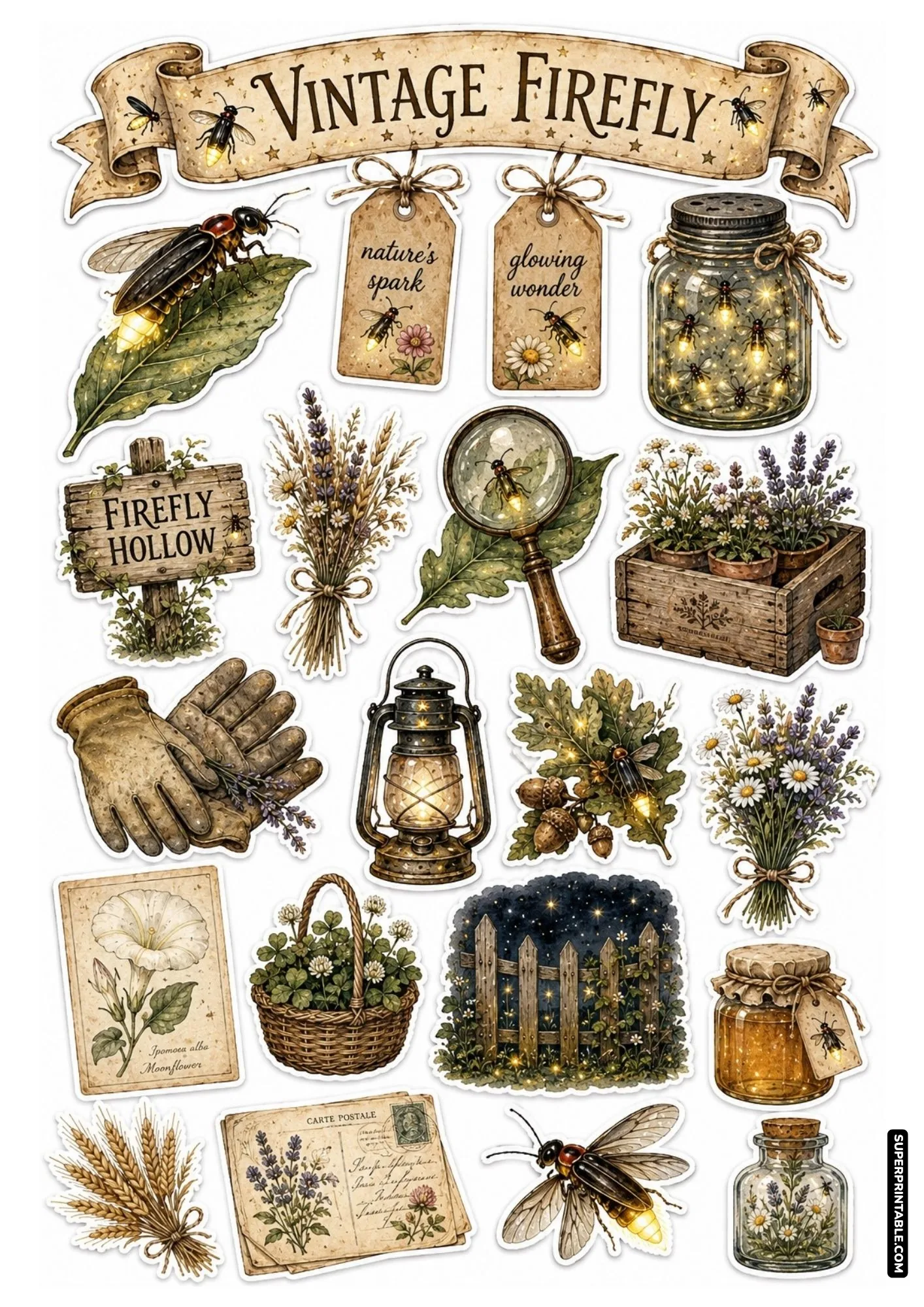 Vintage botanical sticker sheet with old postcards, magnifying glass, gloves, and fireflies.