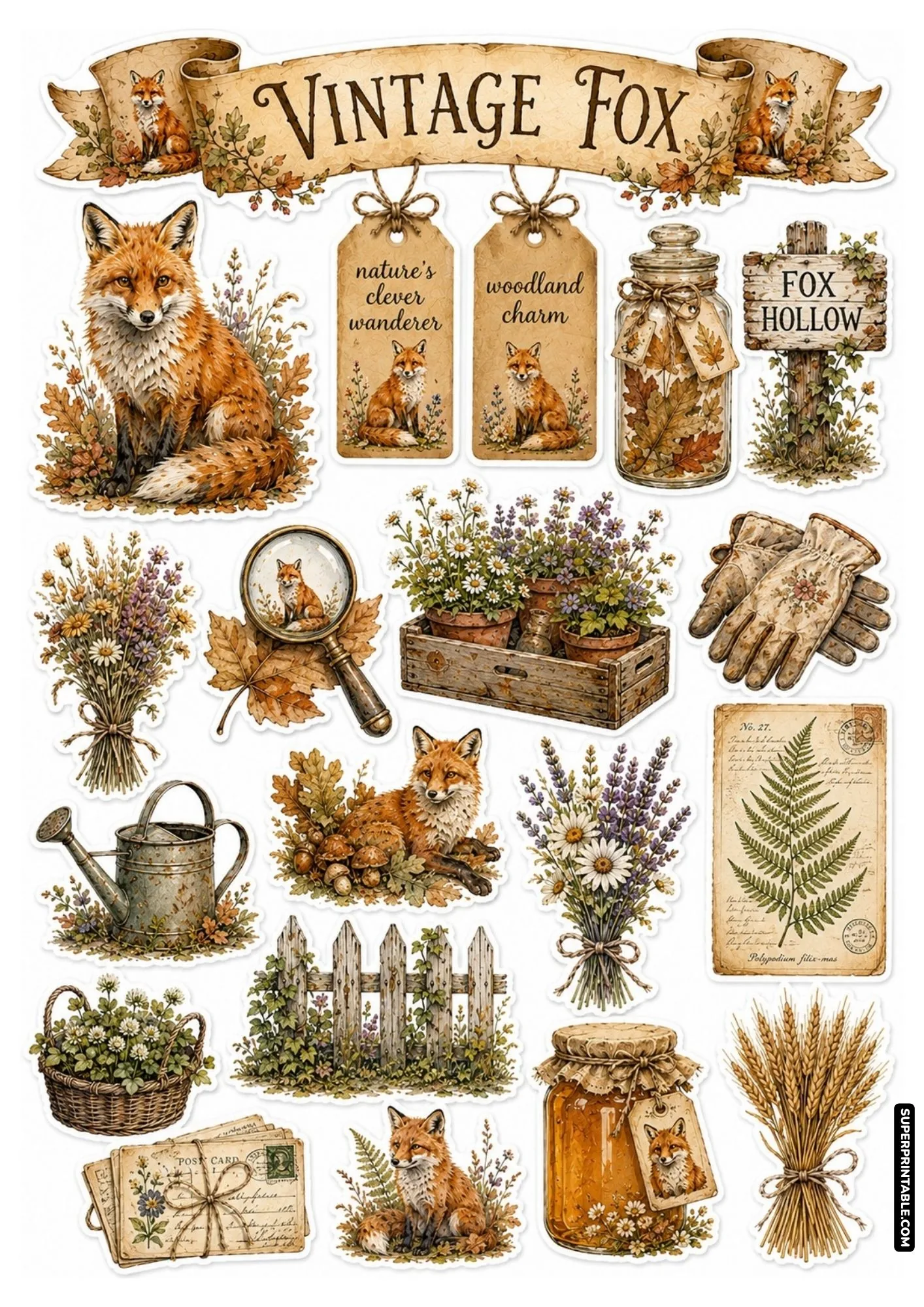 Vintage botanical woodland fox sticker sheets with antique postcards, magnifying glass, and fern prints.