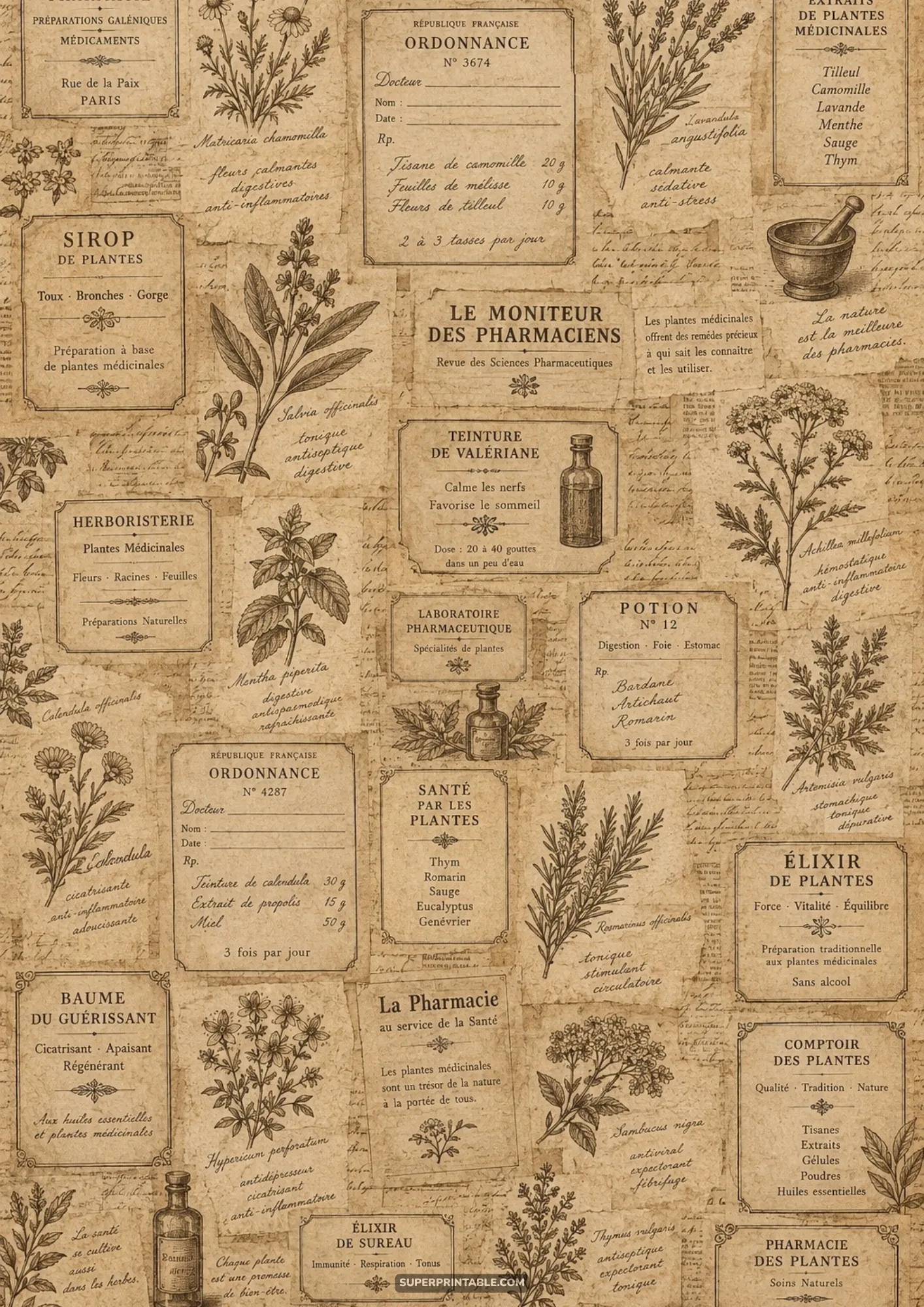 Vintage french ephemera digital papers displaying antique apothecary remedy labels and botanical herbs