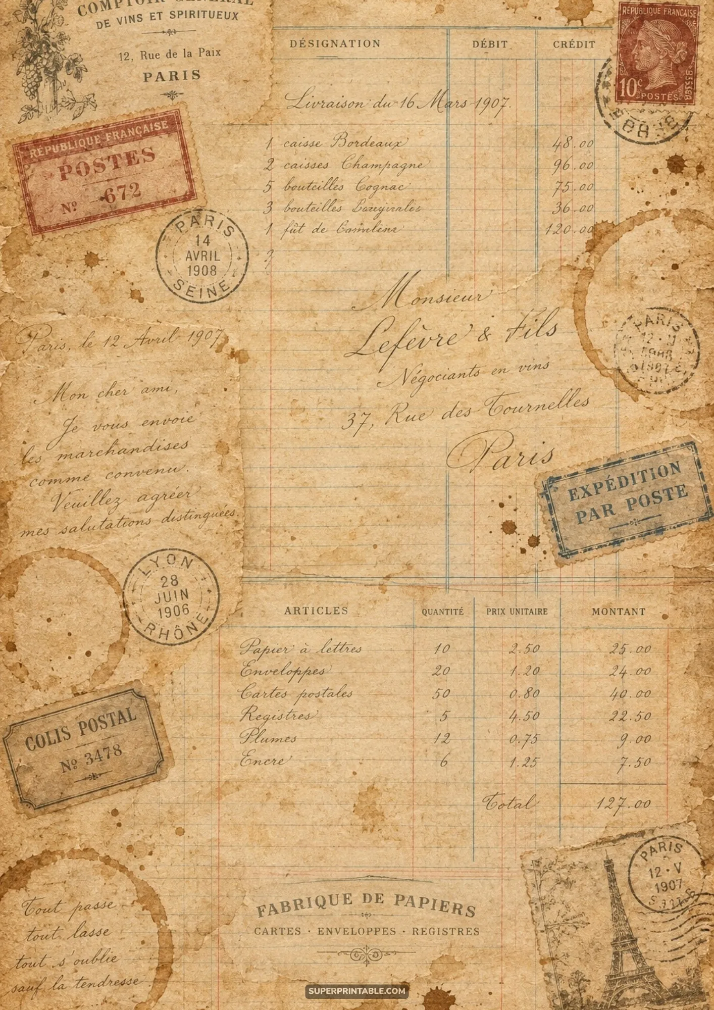 Vintage french ephemera digital papers with antique Parisian postmarks, wine invoices, and ledger records