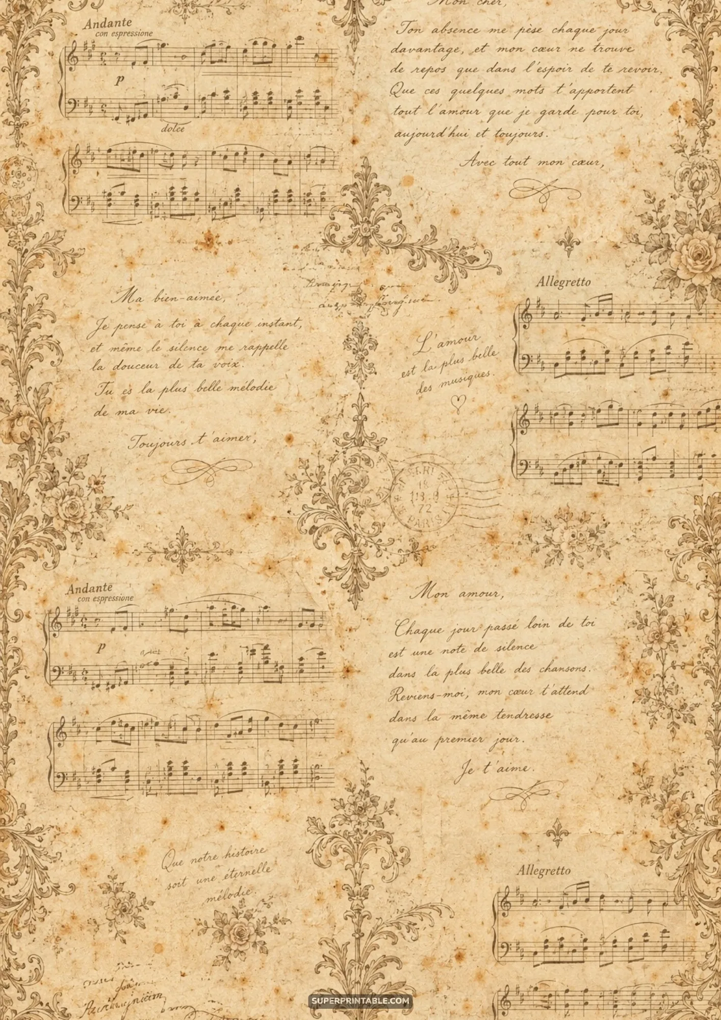 Vintage French sheet music paper with classical piano notation, baroque flourishes, and romantic script