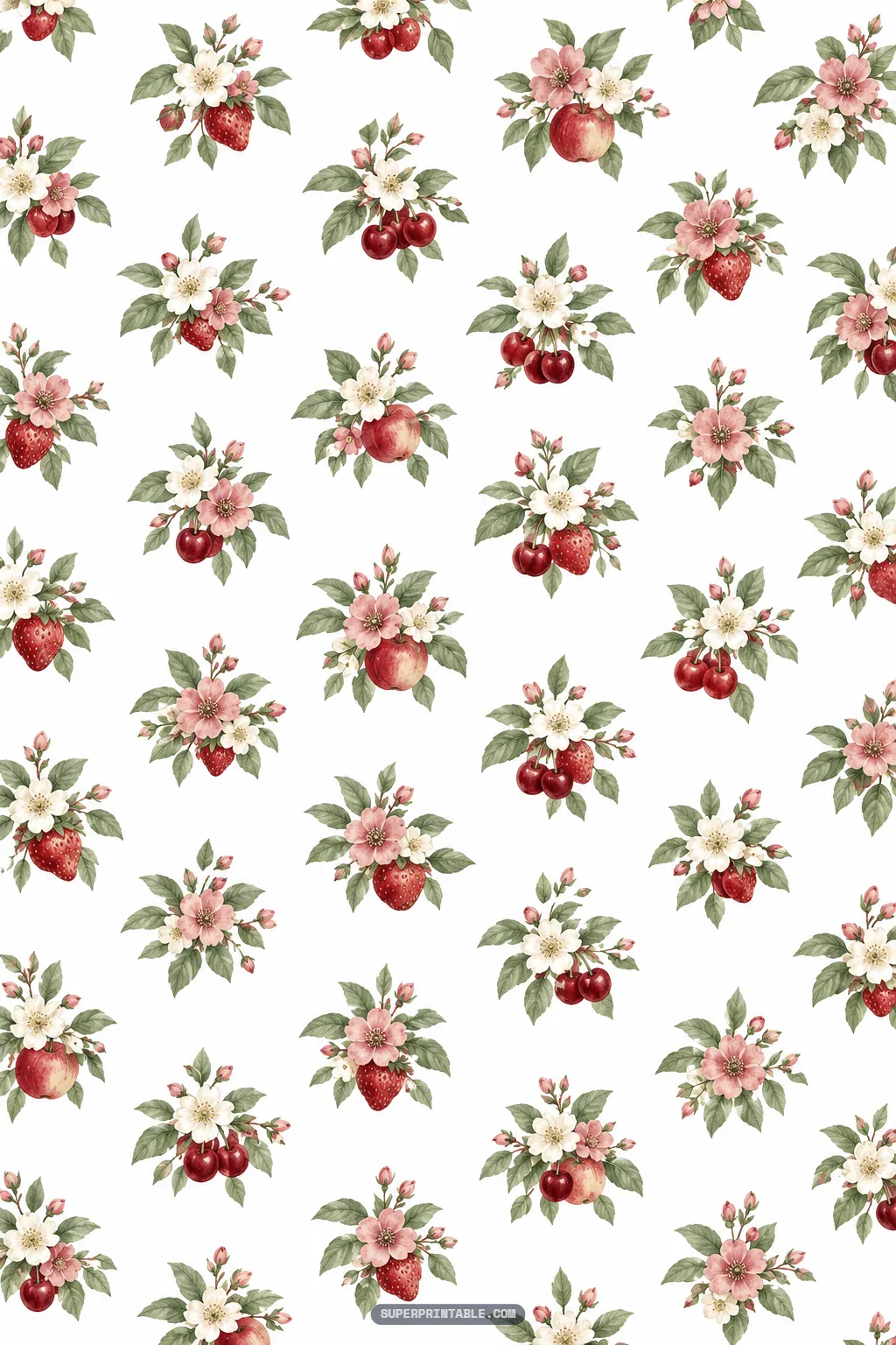 Vintage botanical posies combining strawberries, apples, cherries, and flowers