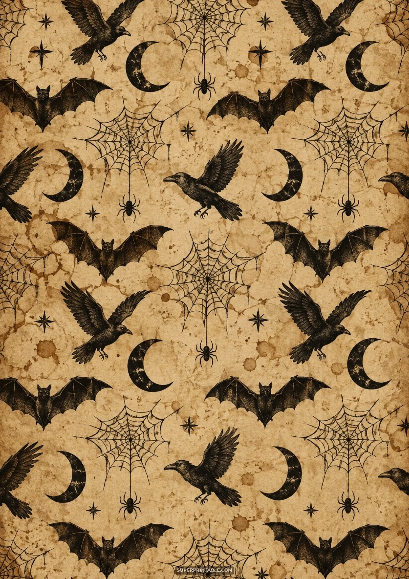 Antique parchment wallpaper pattern of flying ravens, hanging spiderwebs, bats, and crescent moons
