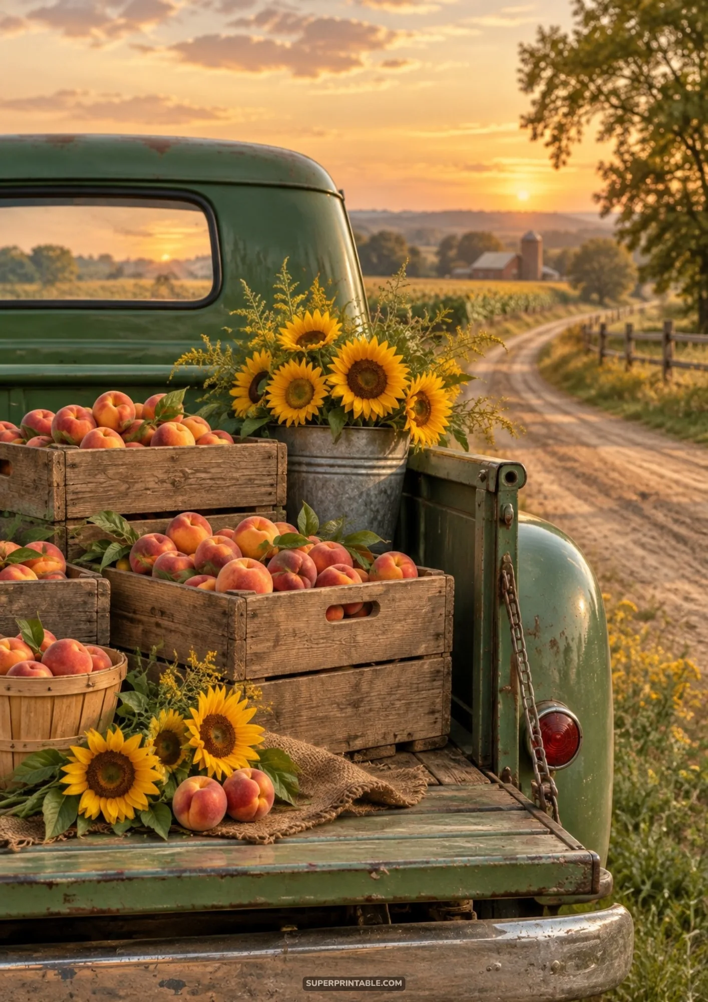 Charming sunflower fields digital backgrounds scene showing vintage pickup truck loaded with crates of peaches at sunset