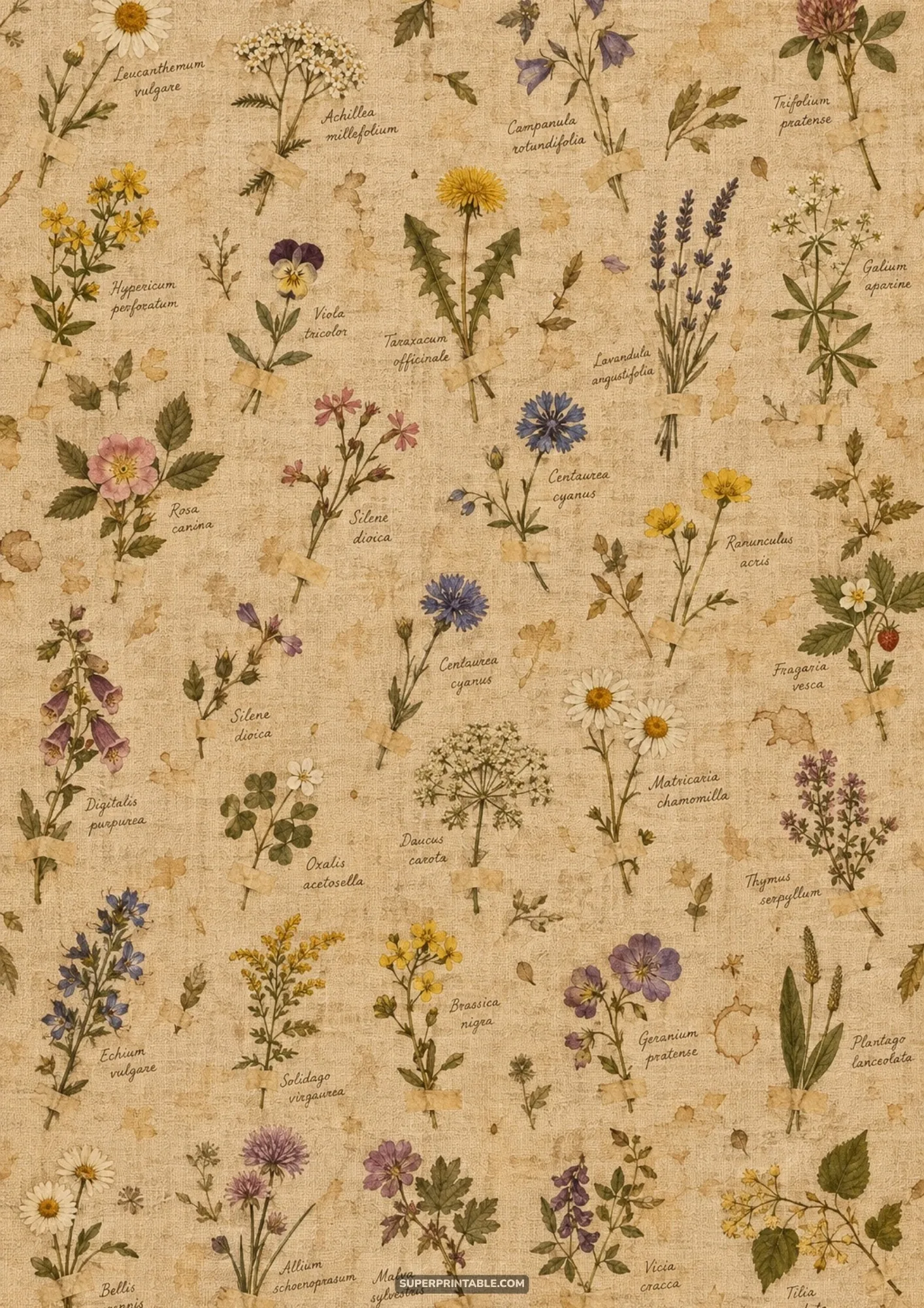 Aged herbarium sheet displaying dried wildflowers taped down with handwritten Latin plant names
