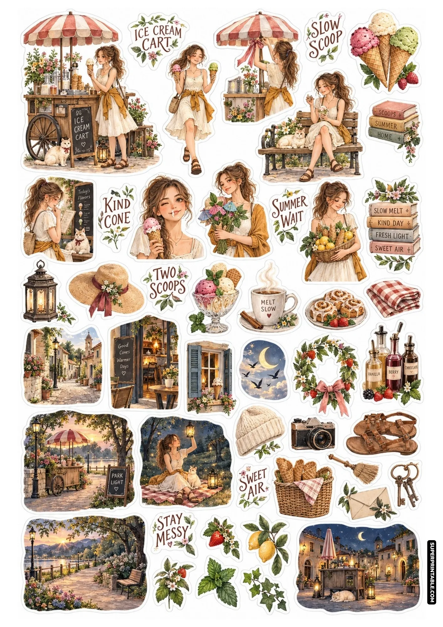 Vintage ice cream summer sticker sheets with striped carts, gelato cones, village paths, and cozy cats.