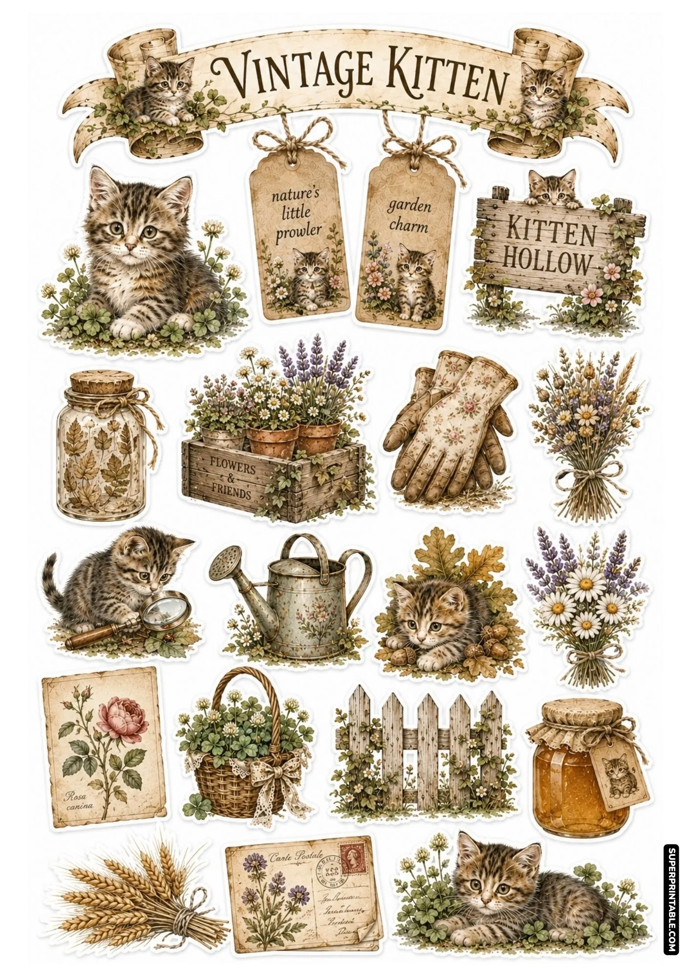 Sepia vintage cat sticker sheet with antiqued wooden signs, dried herb jars, gardening gloves, and classic postcards.